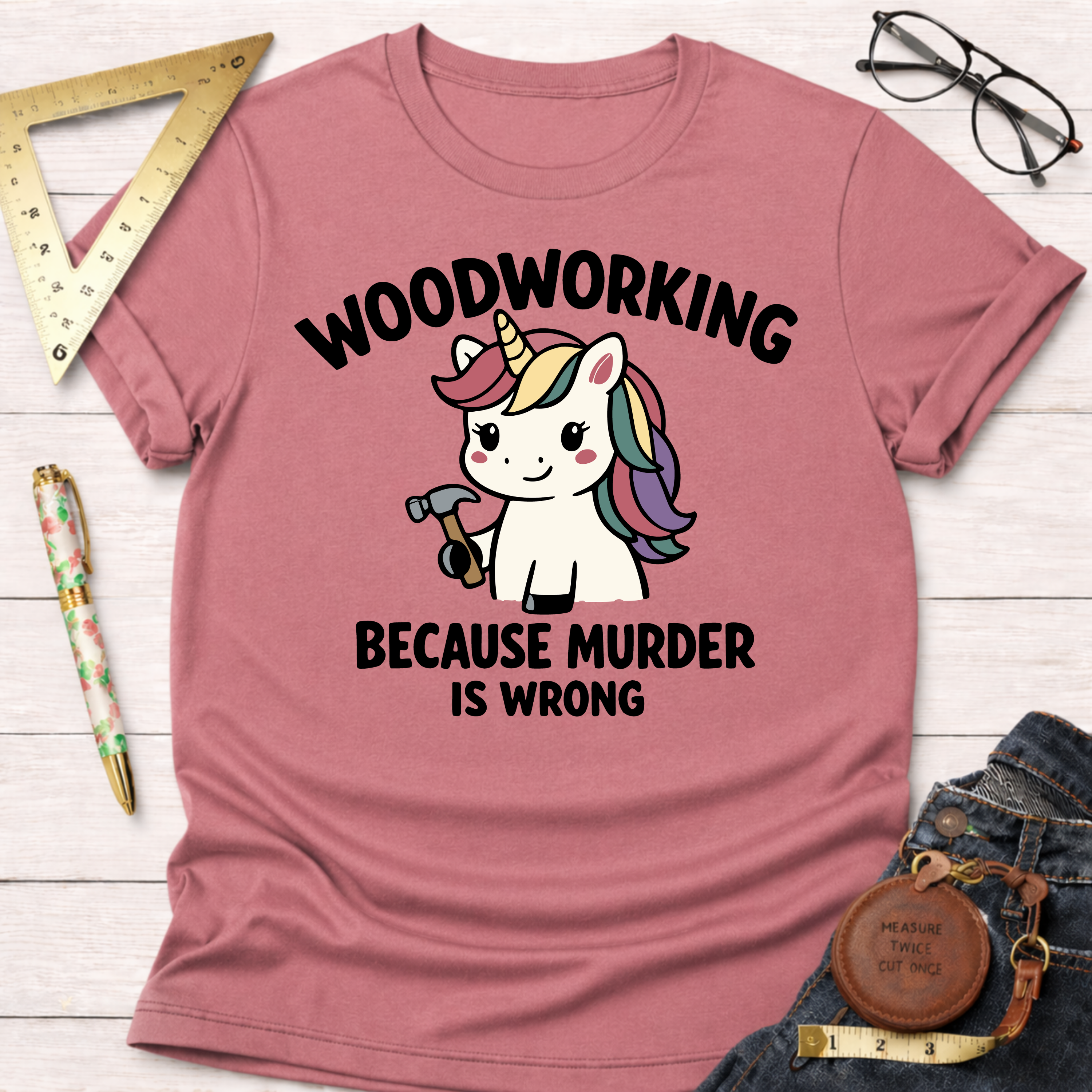 Women's funny woodworking graphic tee shirt for female woodworkers, makers, and DIY builders — Sawdust & Ponytails. Pink t-shirt with a unicorn holding a hammer and "Woodworking Because Murder Is Wrong" text.