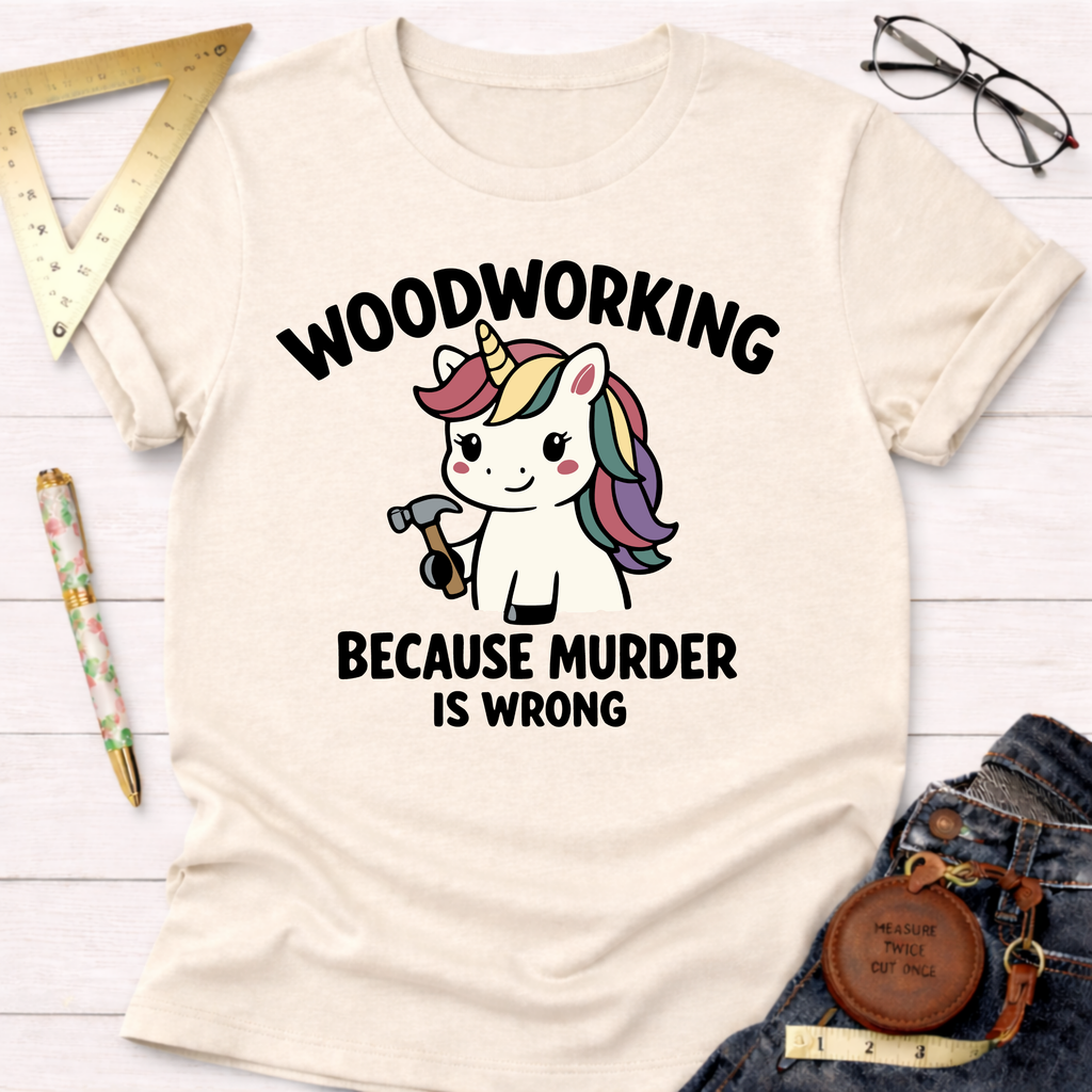 Women's funny woodworking graphic tee shirt for female woodworkers, makers, and DIY builders — Sawdust & Ponytails. Cream t-shirt with a cute unicorn holding a hammer and "WOODWORKING BECAUSE MURDER IS WRONG" text.