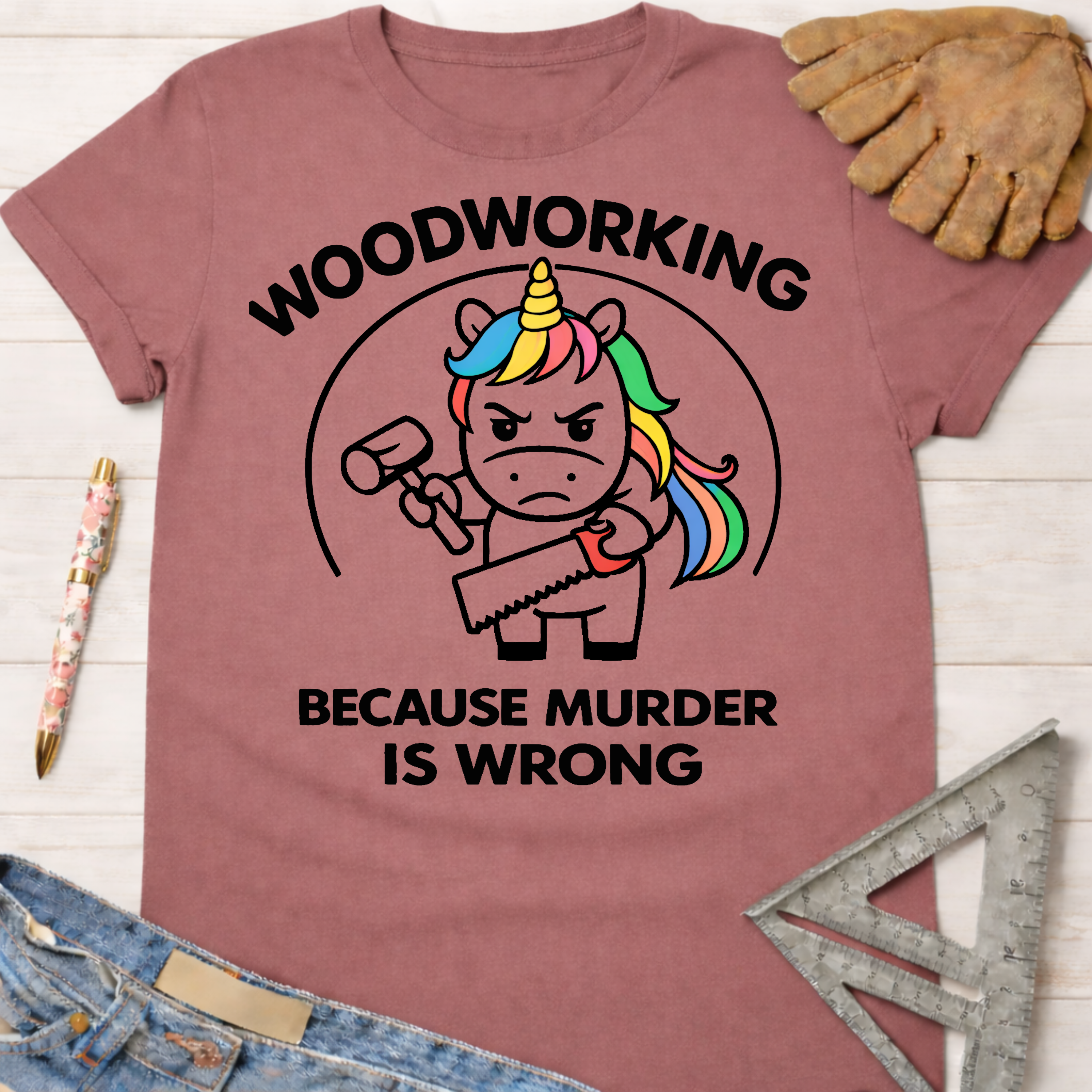 Women's funny woodworking graphic tee shirt for female woodworkers, makers, and DIY builders — Sawdust & Ponytails. Mauve cotton tee with a "Woodworking Because Murder Is Wrong" graphic featuring an angry unicorn holding a hammer and saw.