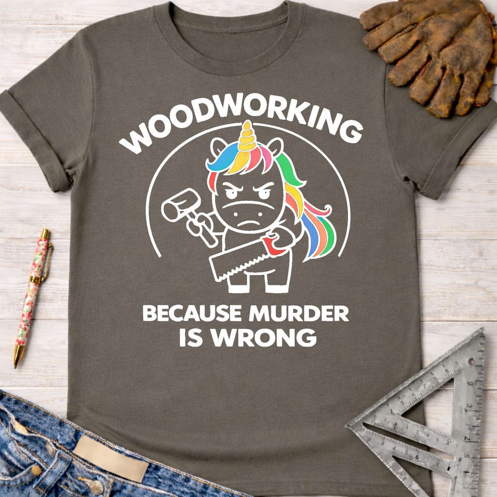 Women's funny woodworking graphic tee shirt for female woodworkers, makers, and DIY builders — Sawdust & Ponytails. Dark gray cotton tee with a "Murderous Unicorn" holding a mallet and saw, text "WOODWORKING BECAUSE MURDER IS WRONG".