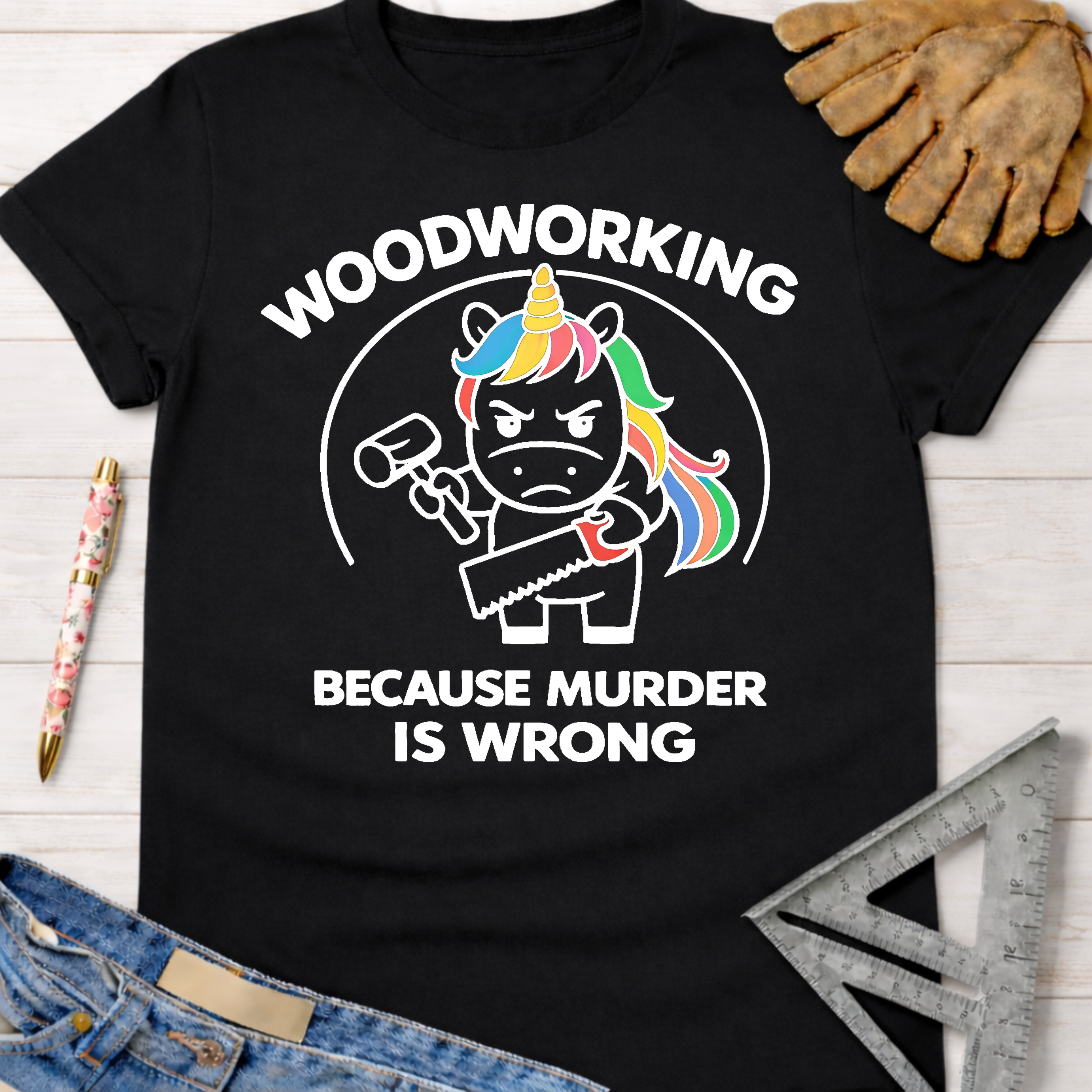 Black cotton Women's funny woodworking graphic tee shirt with a murderous unicorn holding a hammer and saw, "Woodworking Because Murder Is Wrong" text. Sawdust & Ponytails.