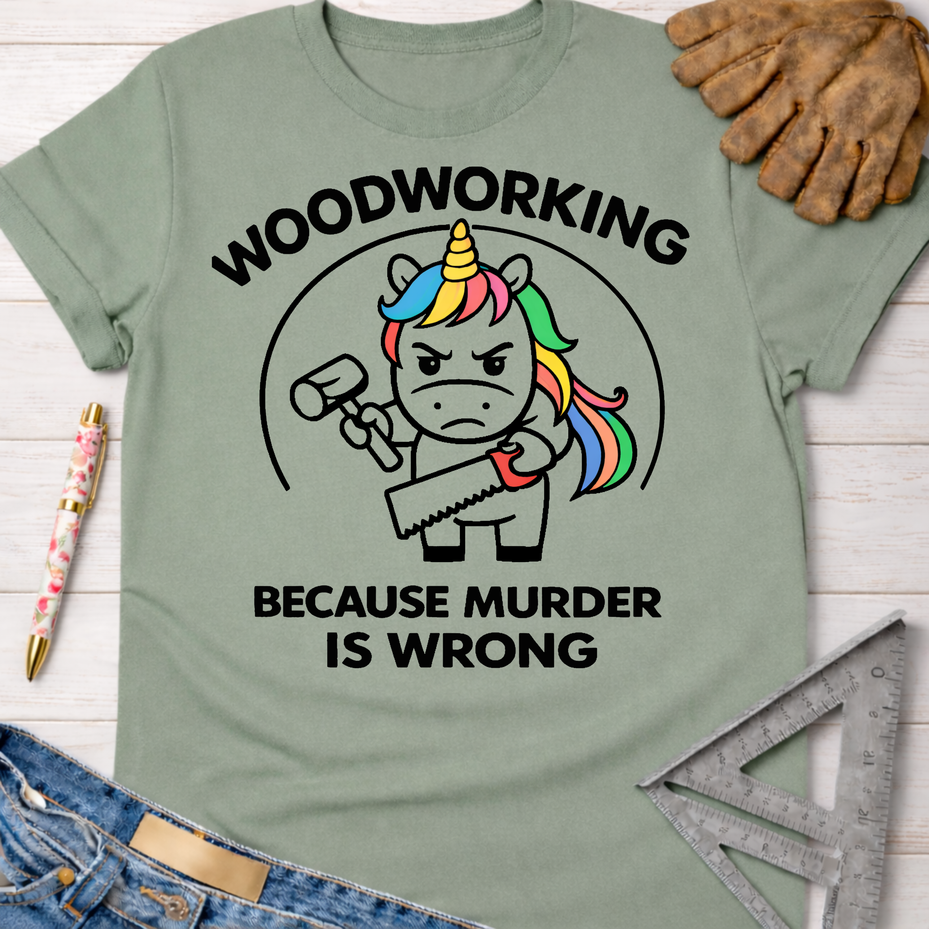 Women's funny woodworking graphic tee shirt for female woodworkers, makers, and DIY builders — Sawdust & Ponytails. Sage green cotton tee with a "Murderous Unicorn" holding a hammer and saw, text reads "Woodworking Because Murder is Wrong.