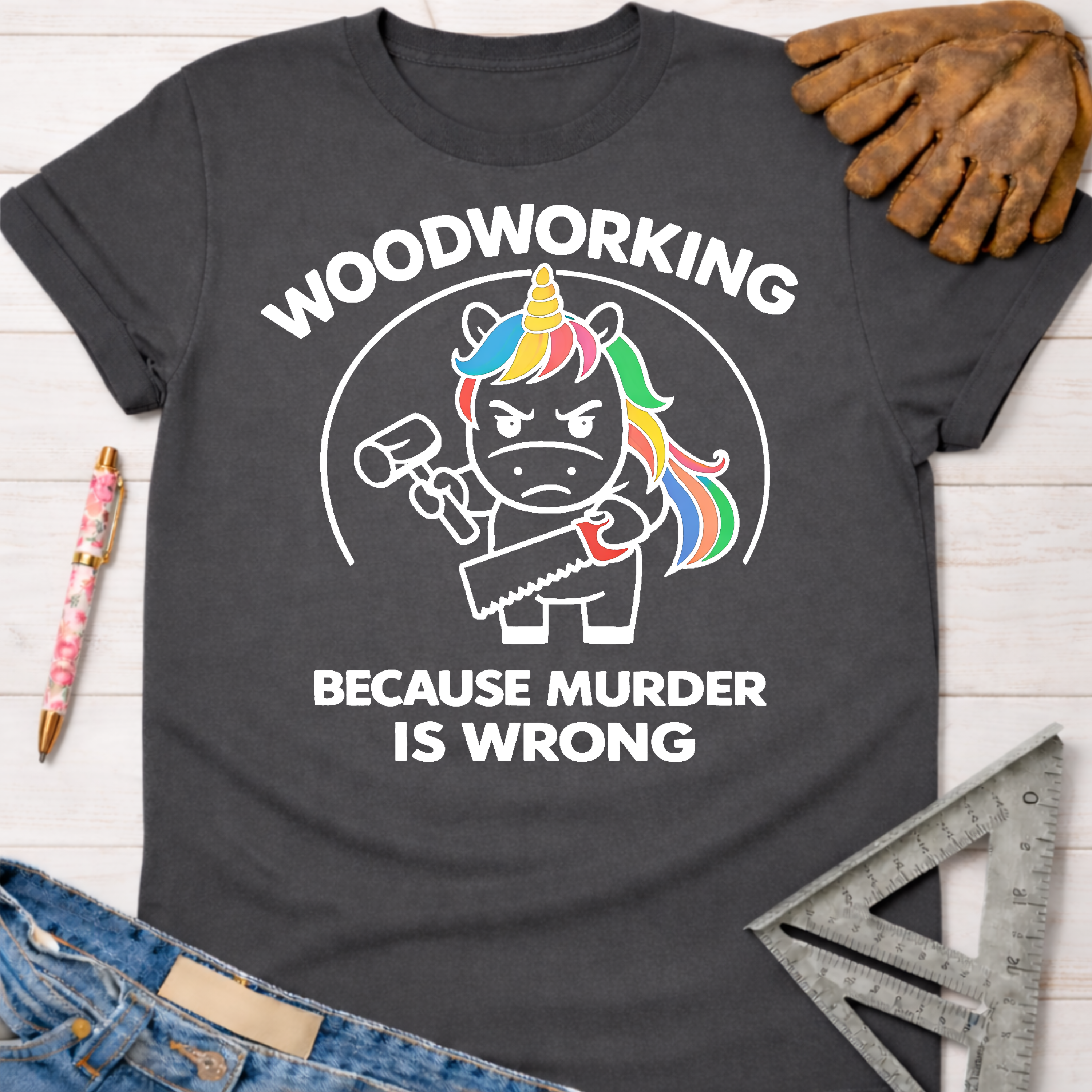Women's funny woodworking graphic tee shirt for female woodworkers, makers, and DIY builders — Sawdust & Ponytails. Dark gray cotton tee with a colorful murderous unicorn holding a hammer and saw.