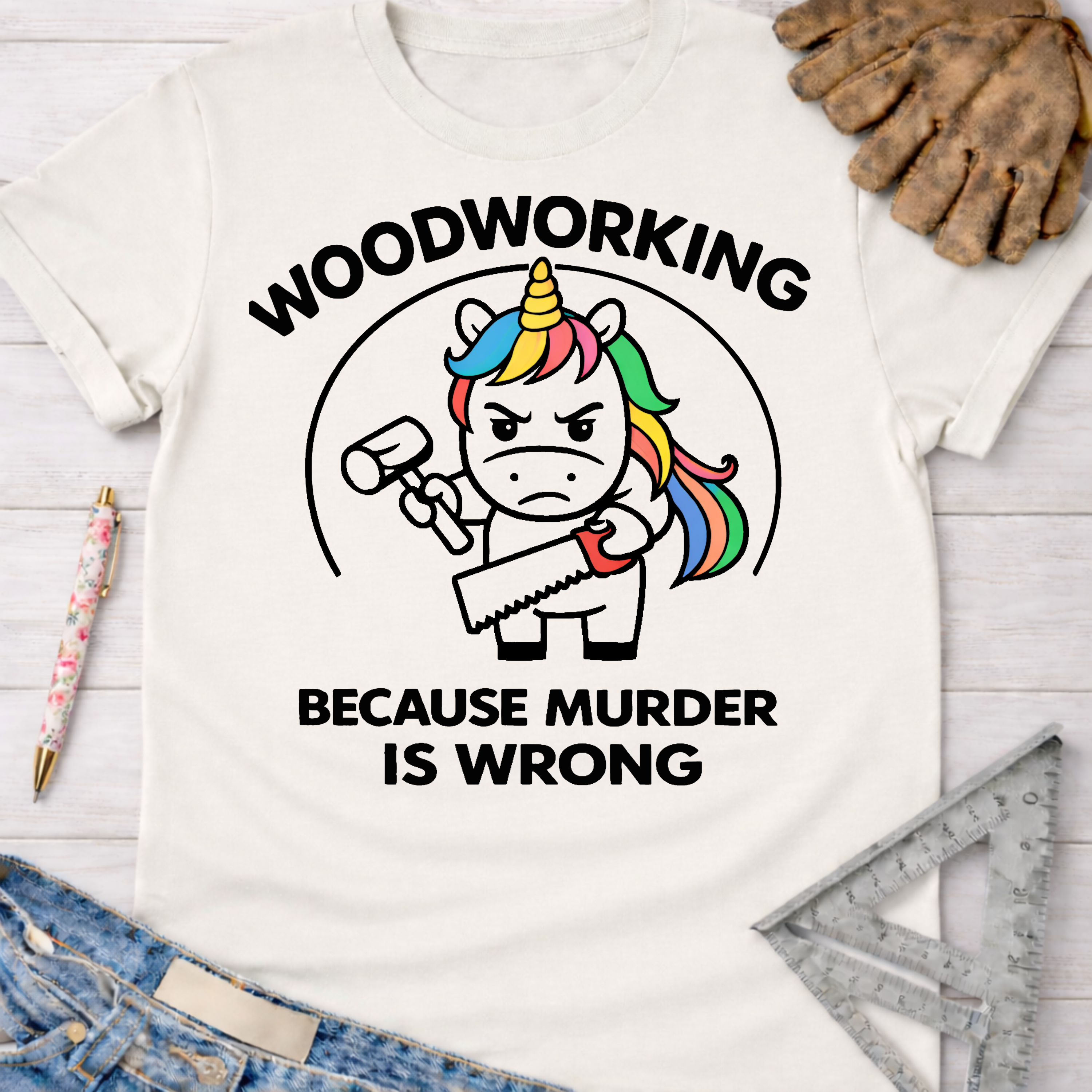 Women's funny woodworking graphic tee shirt for female woodworkers, makers, and DIY builders — Sawdust & Ponytails. White cotton tee with a "Murderous Unicorn" holding a hammer and saw, text reads "WOODWORKING BECAUSE MURDER IS WRONG.