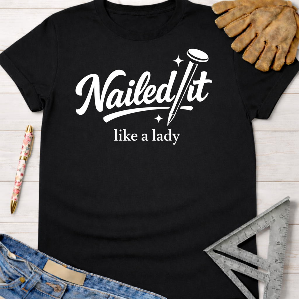 Black cotton t-shirt with "Nailed It like a lady" graphic, a nail, and sparkles. Women's funny woodworking graphic tee shirt for female woodworkers, makers, and DIY builders — Sawdust & Ponytails.