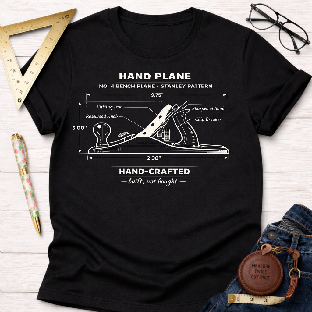 Black women's funny woodworking graphic tee with a white No. 4 bench plane illustration and "Hand-Crafted" text.