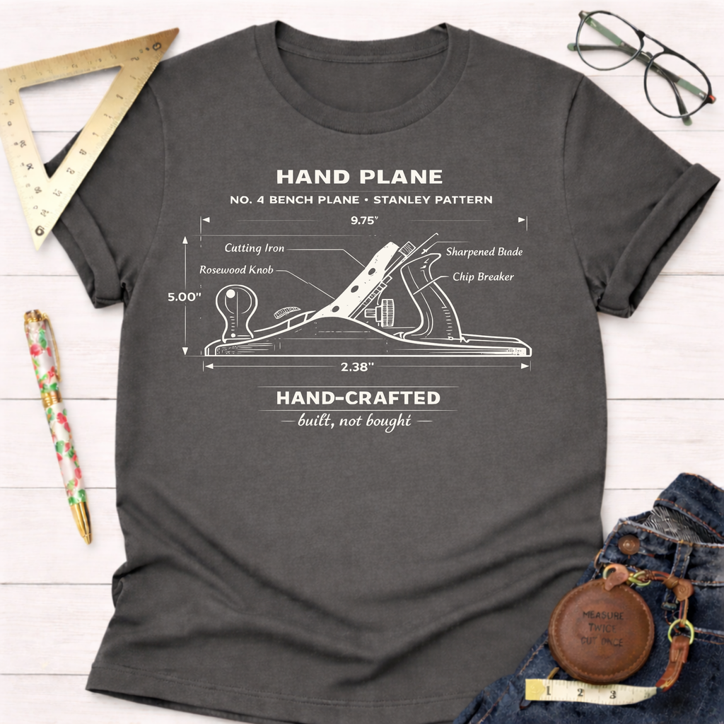 Charcoal gray women's funny woodworking graphic tee with a white No. 4 bench plane illustration. Sawdust & Ponytails.