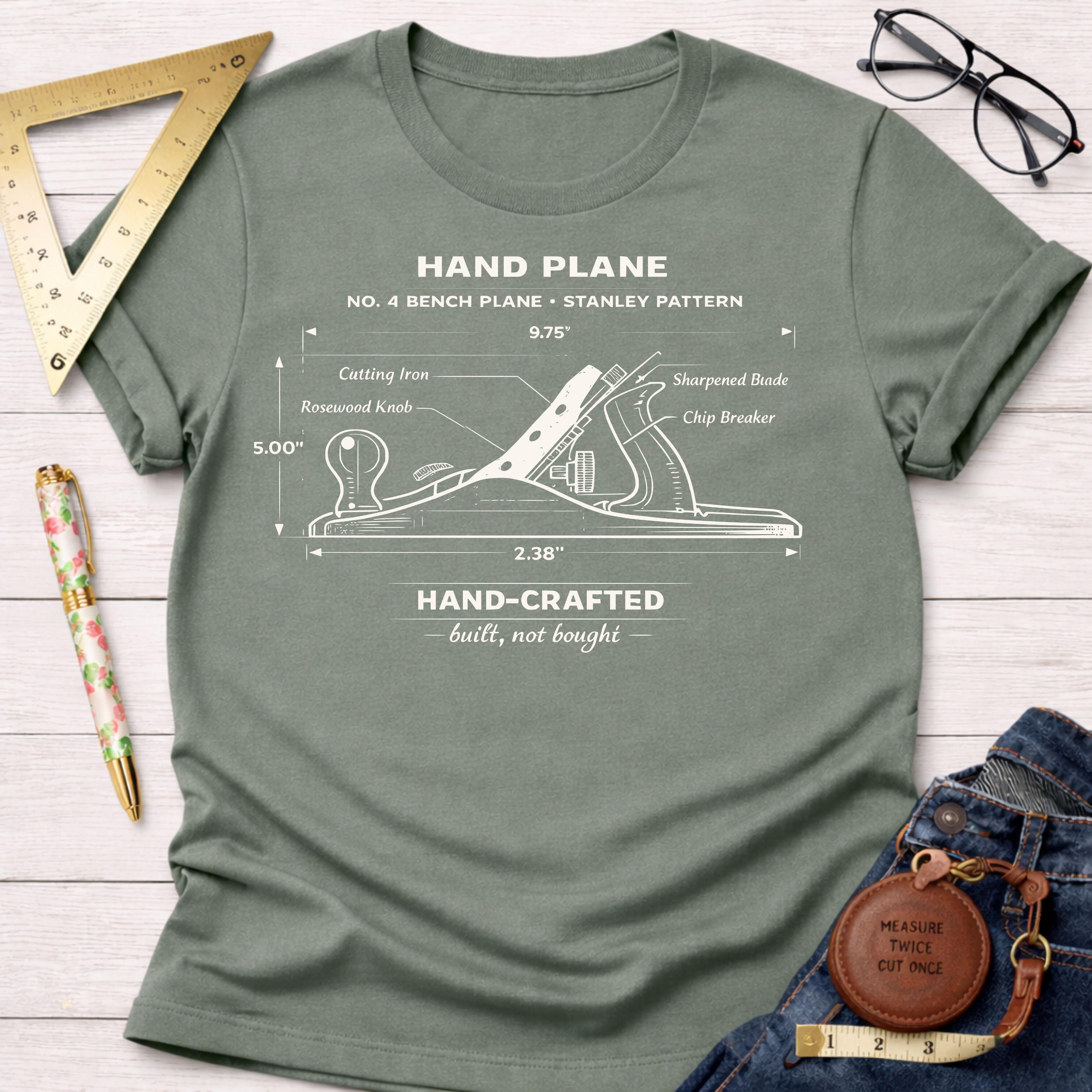 Olive green women's funny woodworking graphic tee with a white No. 4 bench plane illustration. Sawdust & Ponytails.