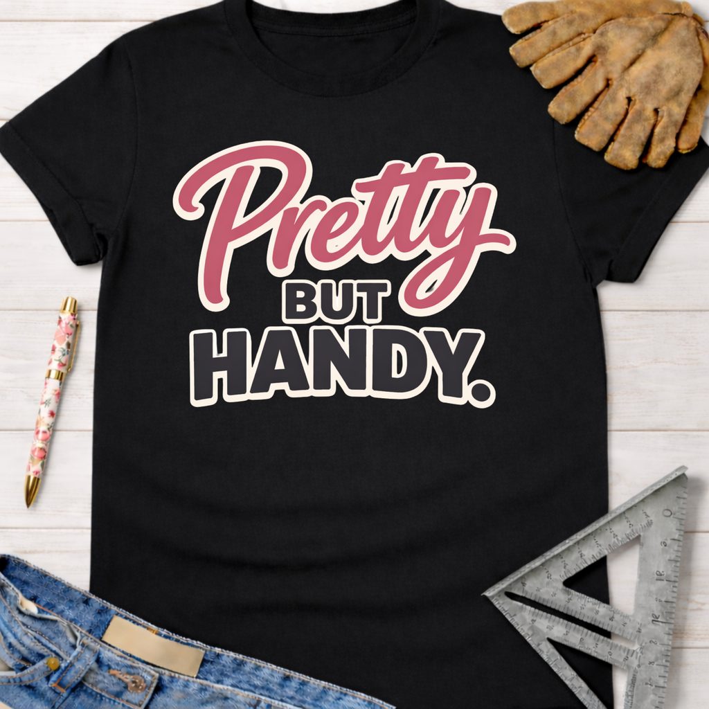 Black cotton "Pretty But Handy" graphic tee, with a pink and cream design. Women's funny woodworking graphic tee shirt for female woodworkers, makers, and DIY builders — Sawdust & Ponytails