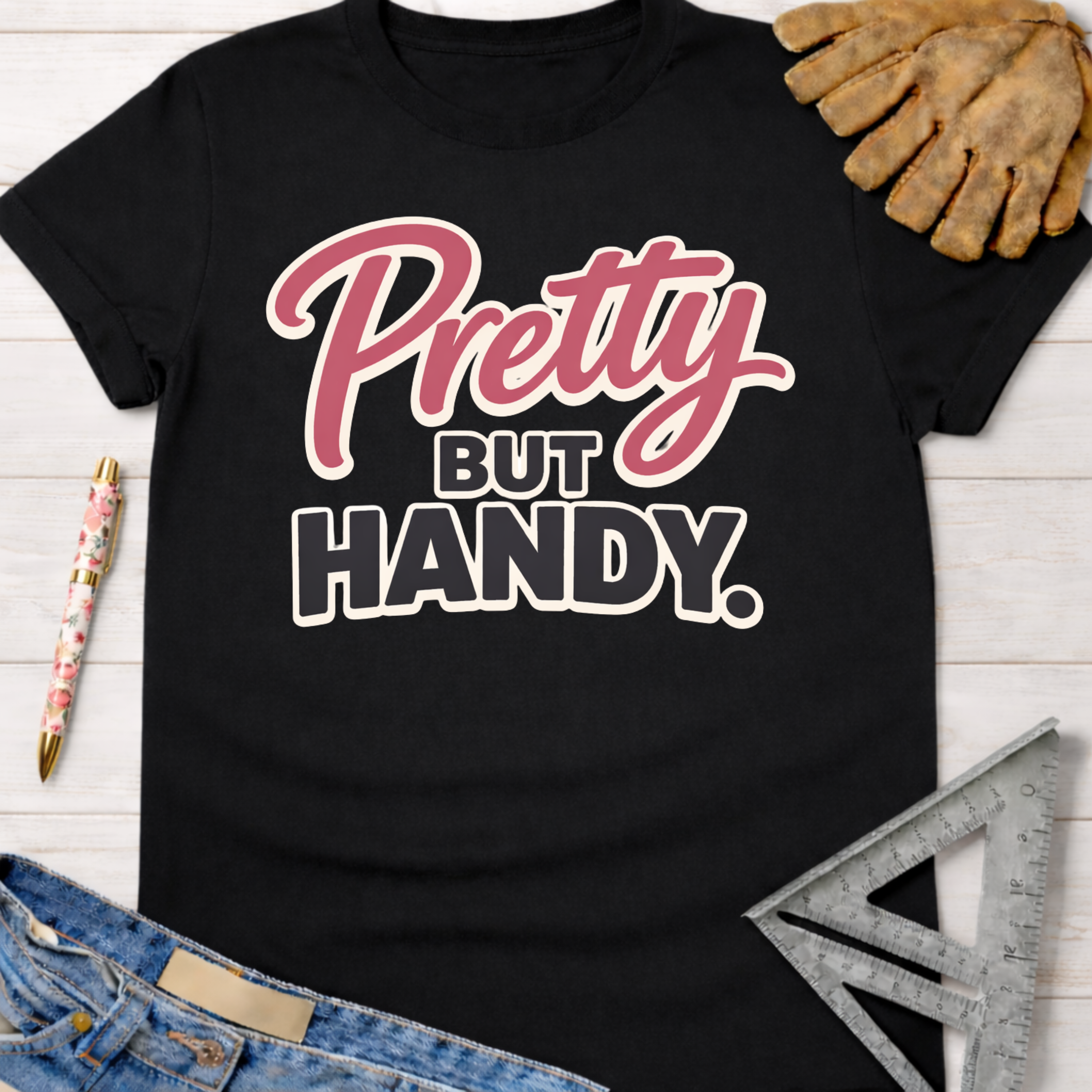 Black cotton "Pretty But Handy" graphic tee, with a pink and cream design. Women's funny woodworking graphic tee shirt for female woodworkers, makers, and DIY builders — Sawdust & Ponytails