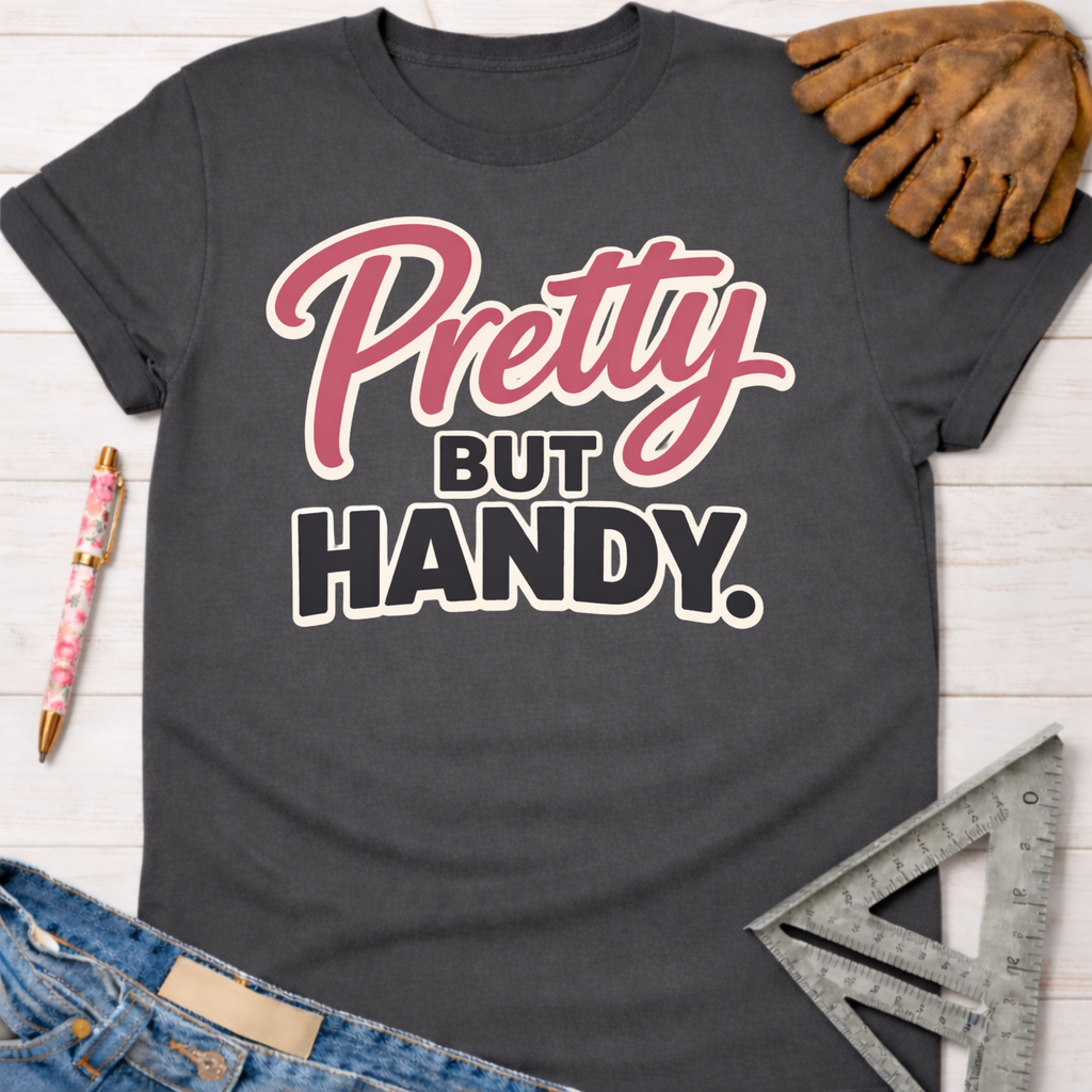 Women's funny woodworking graphic tee shirt for female woodworkers, makers, and DIY builders — Sawdust & Ponytails. Dark gray cotton tee with "Pretty BUT HANDY." in pink and black script.