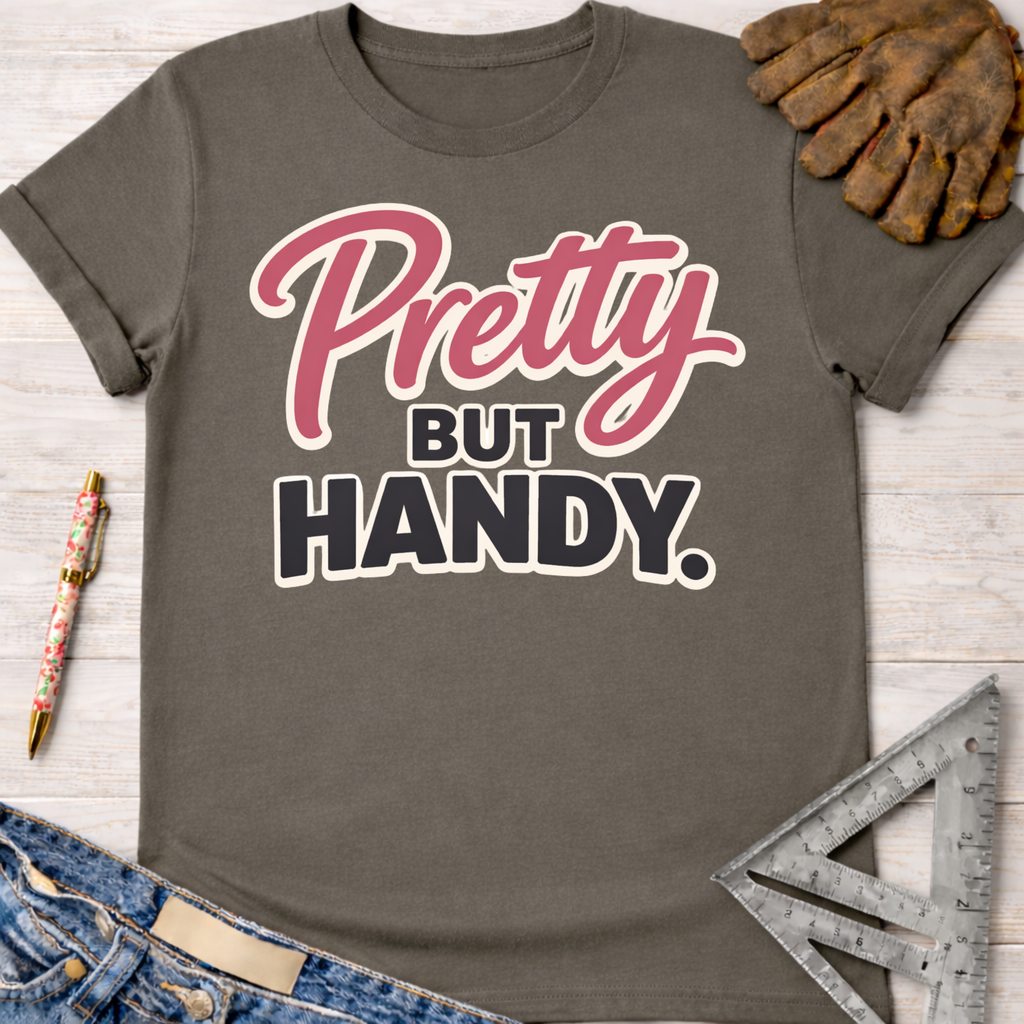 Charcoal gray "Pretty But Handy" graphic tee, women's funny woodworking shirt for female woodworkers, makers, and DIY builders — Sawdust & Ponytails