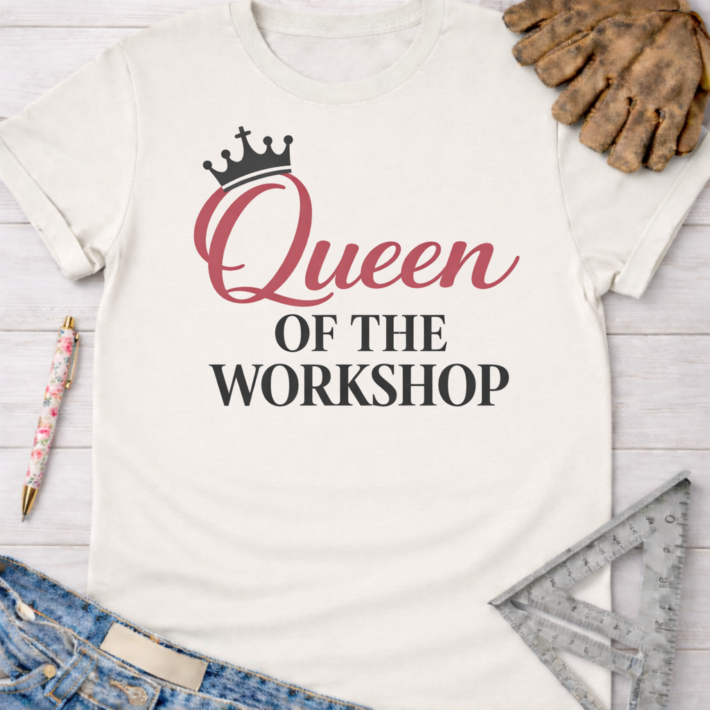 Women's funny woodworking graphic tee shirt for female woodworkers, makers, and DIY builders — Sawdust & Ponytails. Cream t-shirt with "Queen OF THE WORKSHOP" text and crown graphic.