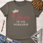 Women's funny woodworking graphic tee shirt for female woodworkers, makers, and DIY builders — Sawdust & Ponytails. Dark gray cotton tee with "Queen OF THE WORKSHOP" text and a crown graphic.