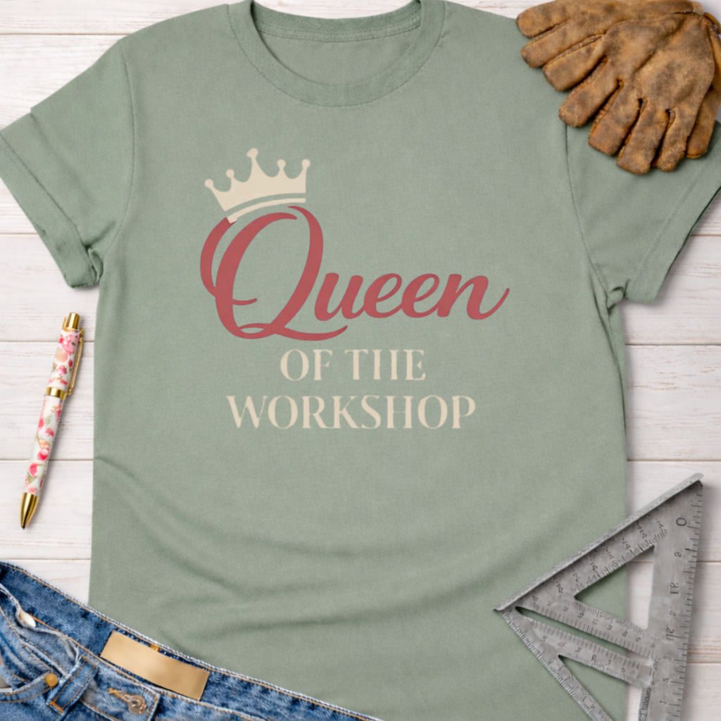 Women's funny woodworking graphic tee shirt for female woodworkers, makers, and DIY builders — Sawdust & Ponytails. Sage green cotton tee with "Queen of The Workshop" graphic.