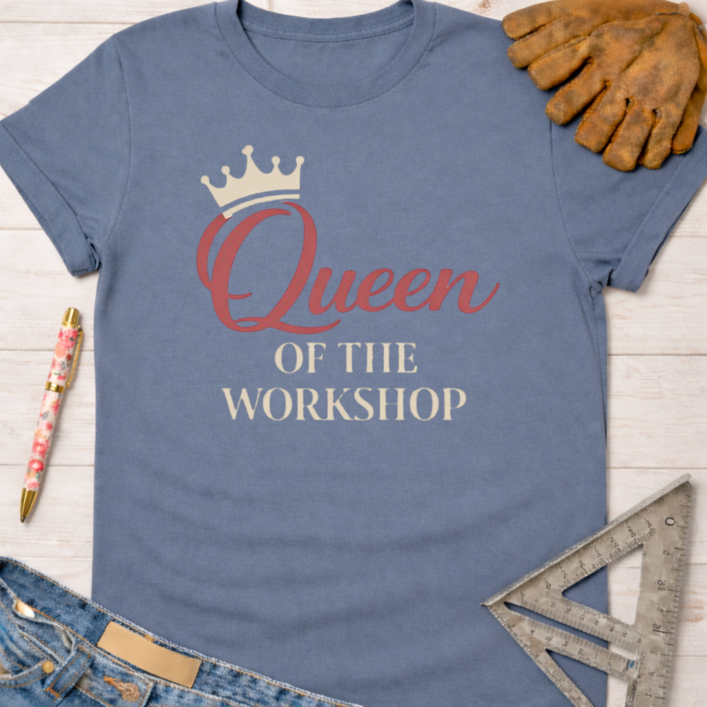Women's funny woodworking graphic tee shirt for female woodworkers, makers, and DIY builders — Sawdust & Ponytails. Blue cotton t-shirt with "Queen OF THE WORKSHOP" text and crown.