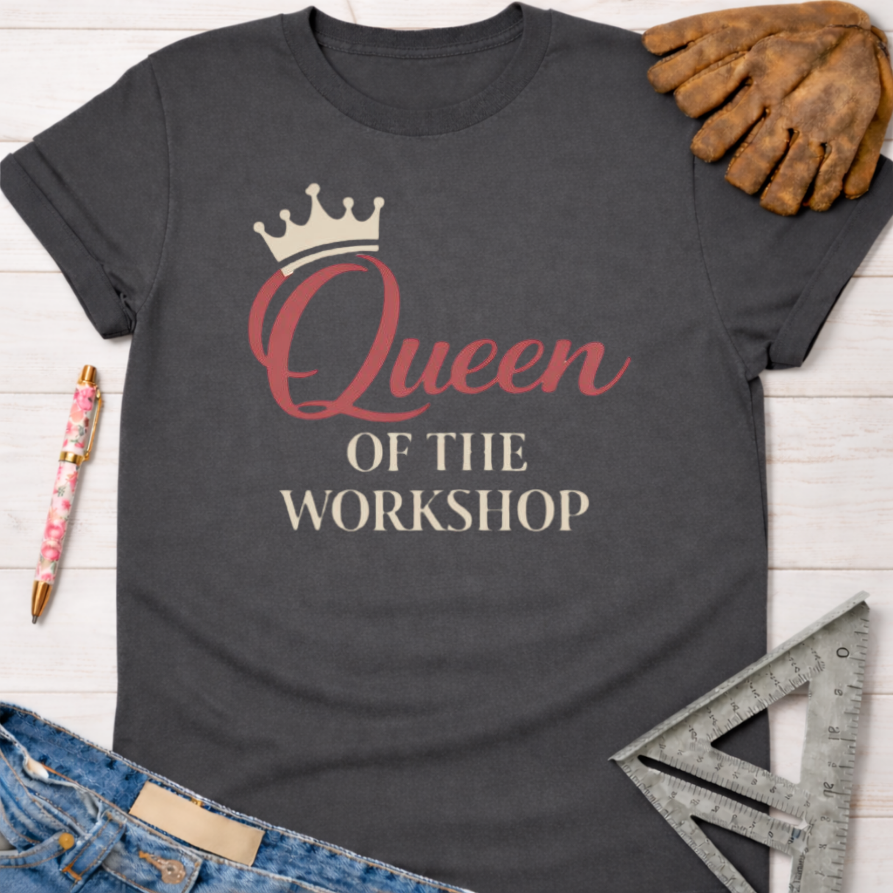 Charcoal gray "Queen of The Workshop" graphic tee with a crown, for female woodworkers.