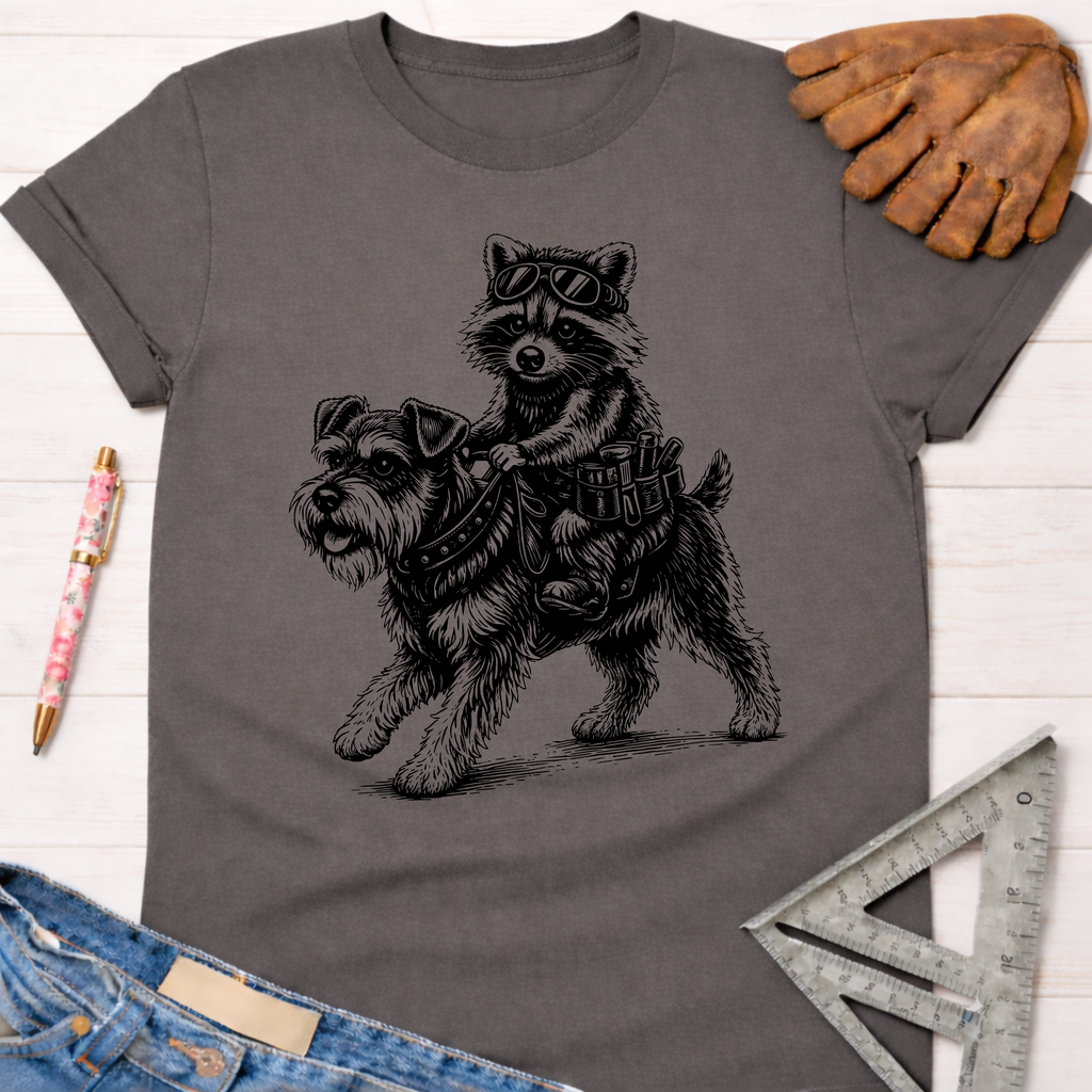 Women's funny woodworking graphic tee shirt for female woodworkers, makers, and DIY builders — Sawdust & Ponytails. Dark gray cotton tee with a raccoon riding a schnauzer graphic.