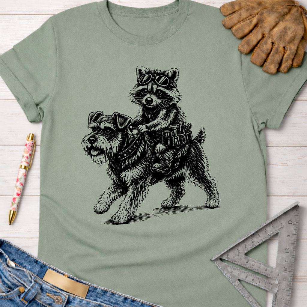 Women's funny woodworking graphic tee shirt for female woodworkers, makers, and DIY builders — Sawdust & Ponytails. Sage green cotton tee with a black graphic of a raccoon riding a schnauzer.