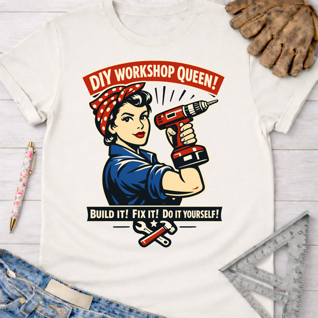 Women's funny woodworking graphic tee shirt for female woodworkers, makers, and DIY builders — Sawdust & Ponytails. White cotton tee with Rosie the Riveter holding a drill, "DIY Workshop Queen!" and "Build It! Fix It! Do It Yourself!" text.
