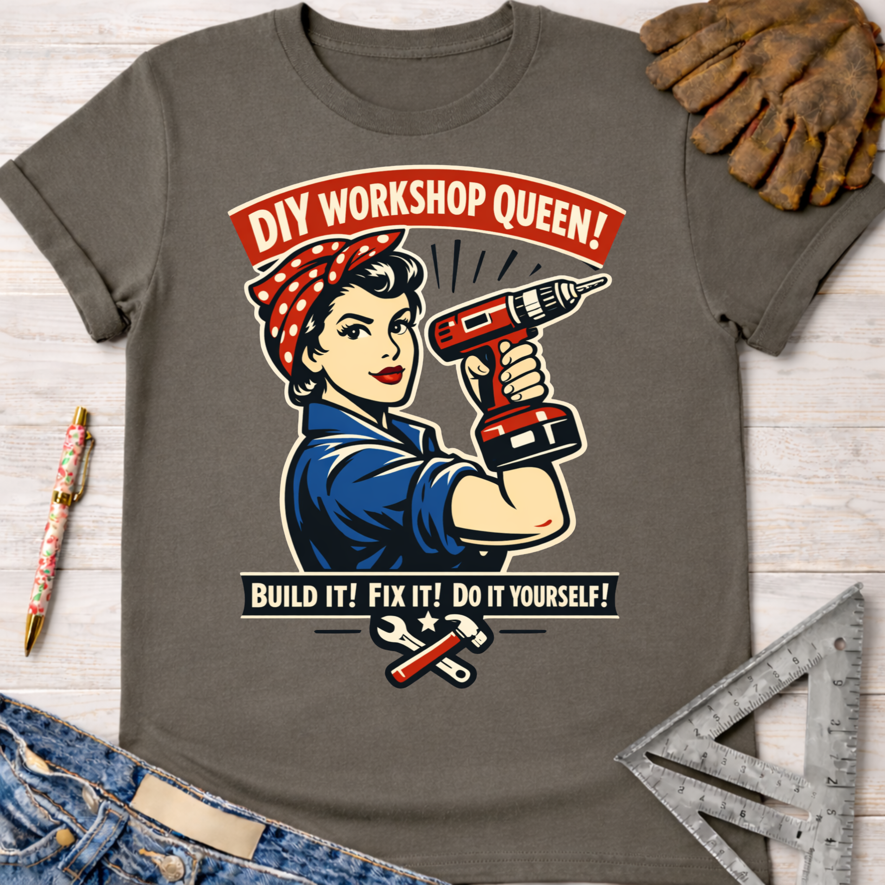 Women's funny woodworking graphic tee shirt for female woodworkers, makers, and DIY builders — Sawdust & Ponytails. Dark gray crewneck t-shirt with a Rosie the Riveter-style graphic holding a drill, "DIY WORKSHOP QUEEN!" and "BUILD IT! FIX IT! DO IT YOURSELF!" text.