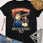 Black cotton t-shirt with a Rosie the Riveter-style "DIY Workshop Queen" graphic holding a drill. Women's funny woodworking graphic tee shirt for female woodworkers, makers, and DIY builders — Sawdust & Ponytails