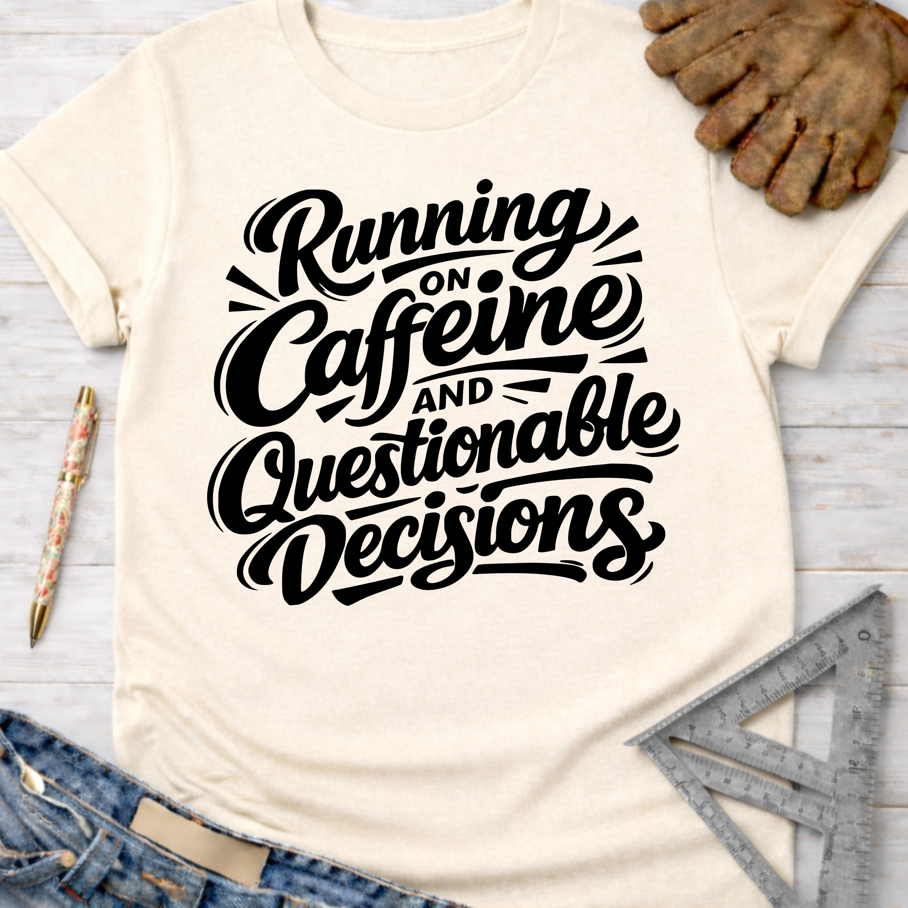 Cream t-shirt with "Running on Caffeine and Questionable Decisions" in black script.