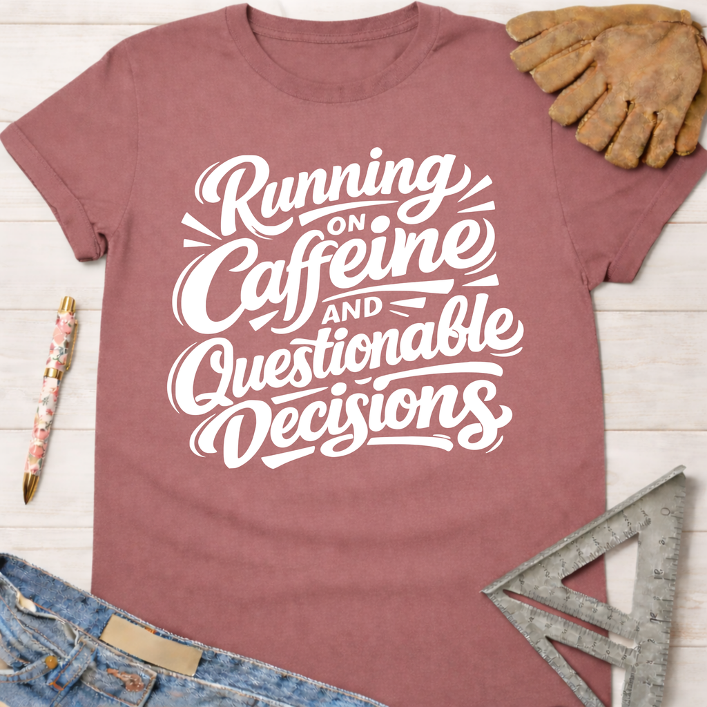 Women's funny woodworking graphic tee shirt for female woodworkers, makers, and DIY builders — Sawdust & Ponytails. Mauve cotton tee with "Running on Caffeine and Questionable Decisions" in white script.