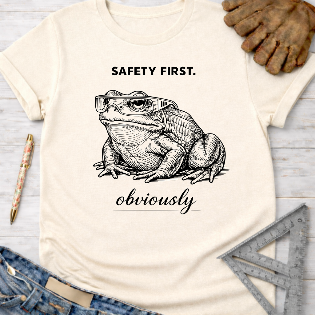 Women's funny woodworking graphic tee shirt for female woodworkers, makers, and DIY builders — Sawdust & Ponytails. Cream t-shirt with a black line art frog wearing safety glasses and "SAFETY FIRST. obviously" text.