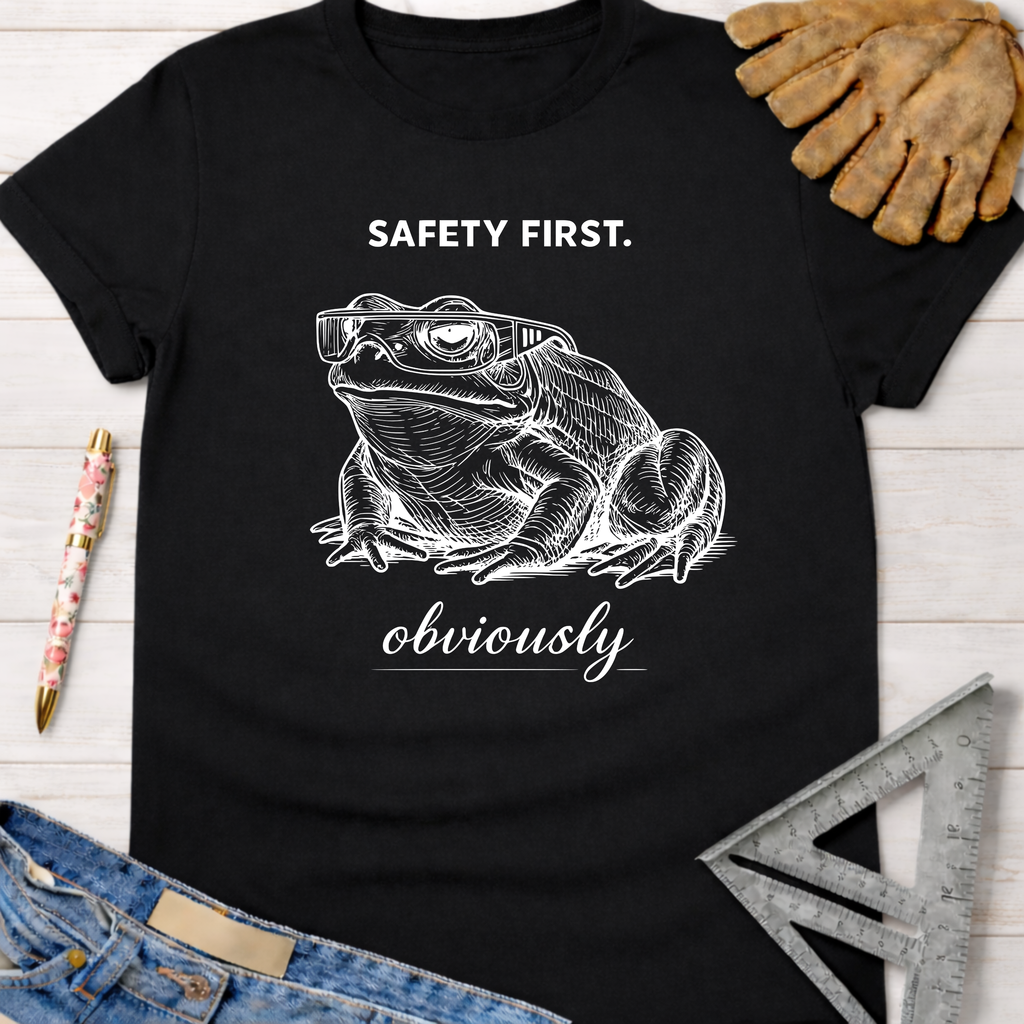 Women's funny woodworking graphic tee shirt for female woodworkers, makers, and DIY builders — Sawdust & Ponytails. Black cotton tee with a white graphic of a frog wearing safety glasses and the text "SAFETY FIRST. obviously".