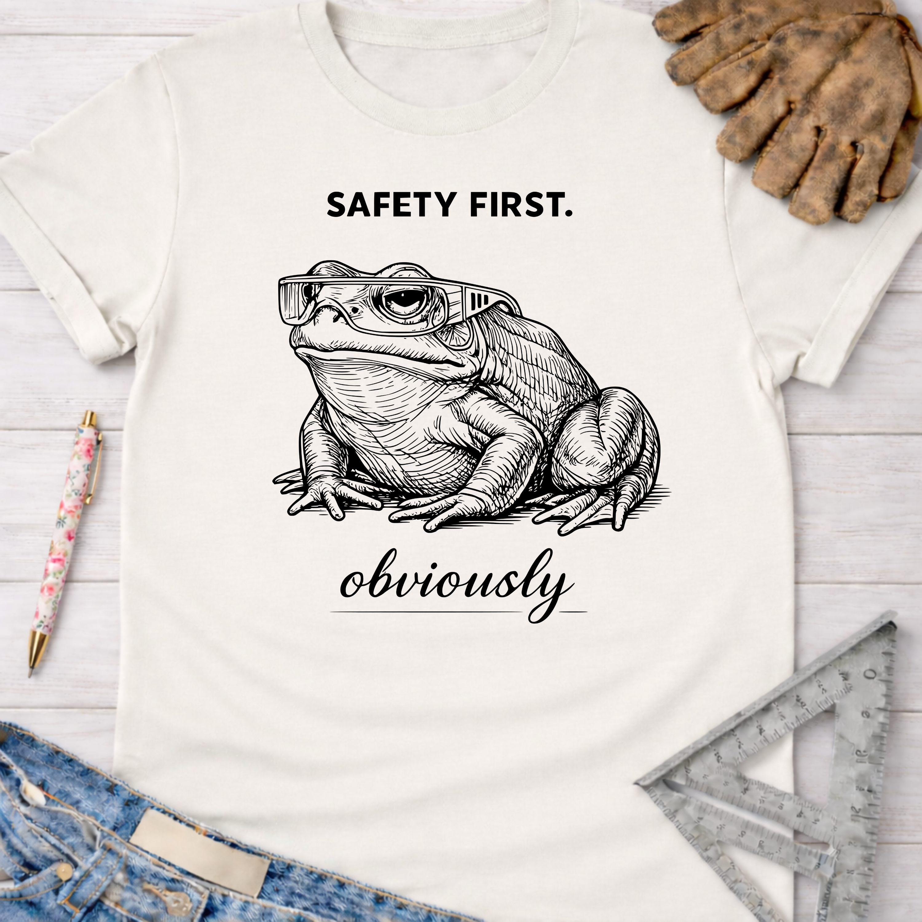 Women's funny woodworking graphic tee shirt for female woodworkers, makers, and DIY builders — Sawdust & Ponytails. White cotton tee with "SAFETY FIRST. obviously" text and a frog wearing safety glasses.