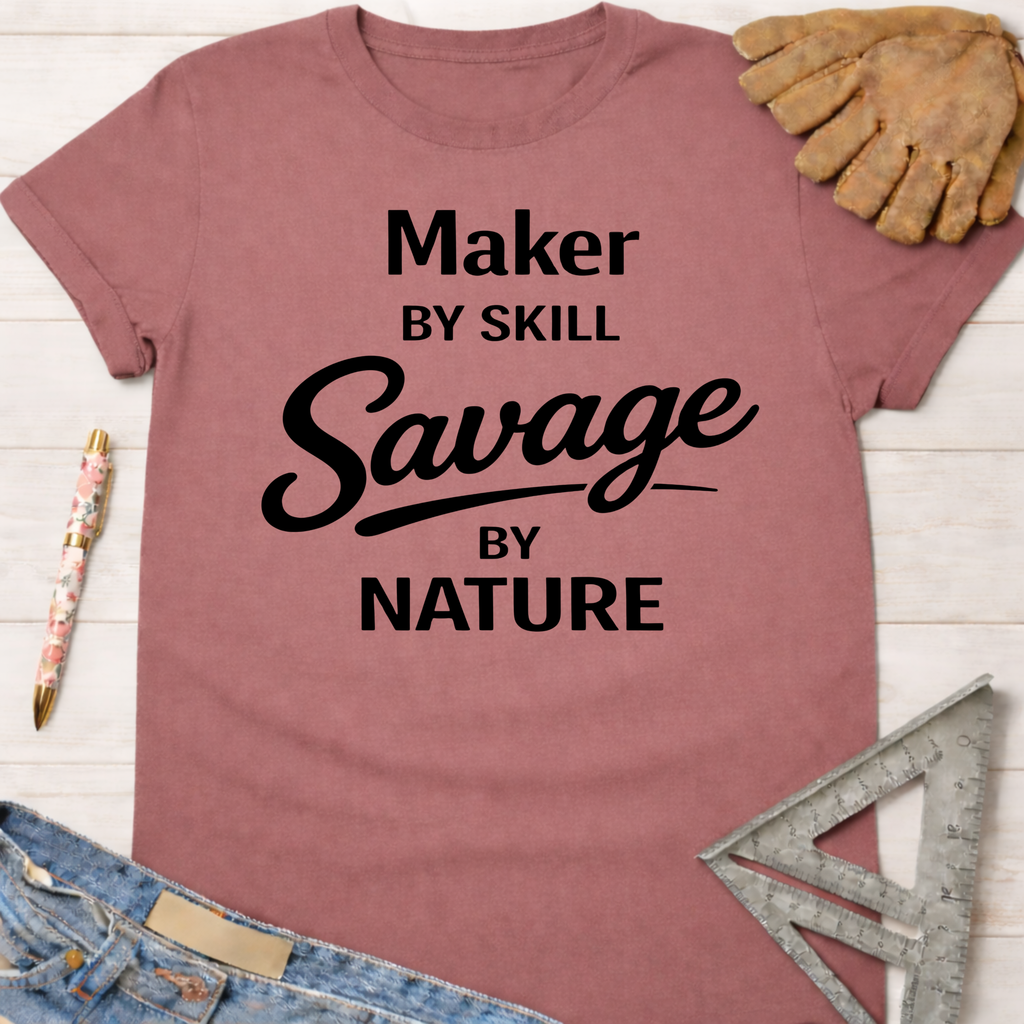 Women's funny woodworking graphic tee shirt for female woodworkers, makers, and DIY builders — Sawdust & Ponytails. Mauve t-shirt with "Maker By Skill Savage By Nature" in black text.