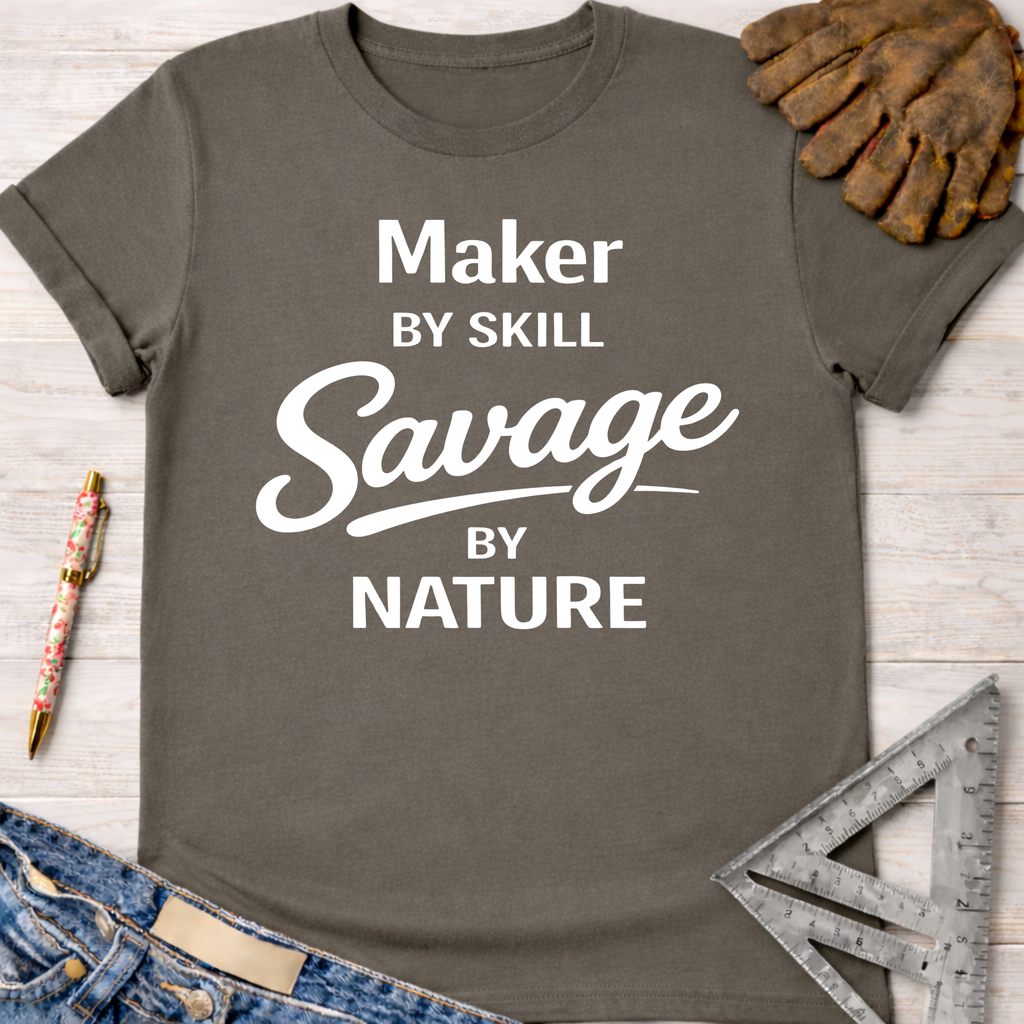 Women's funny woodworking graphic tee shirt for female woodworkers, makers, and DIY builders — Sawdust & Ponytails. Dark gray cotton t-shirt with "Maker By Skill Savage By Nature" in white text.