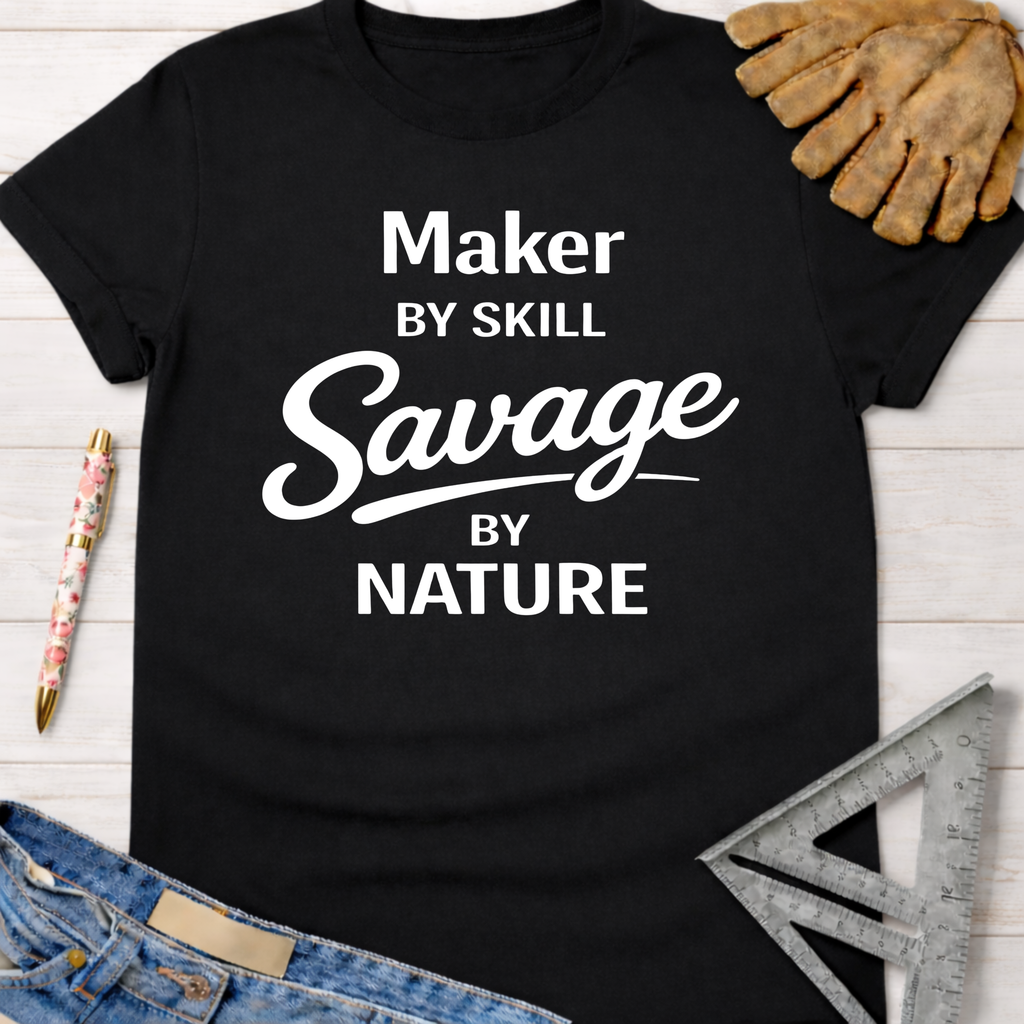 Black cotton t-shirt with "Maker By Skill Savage By Nature" text, leather glove, and ruler. Women's funny woodworking graphic tee shirt for female woodworkers, makers, and DIY builders — Sawdust & Ponytails