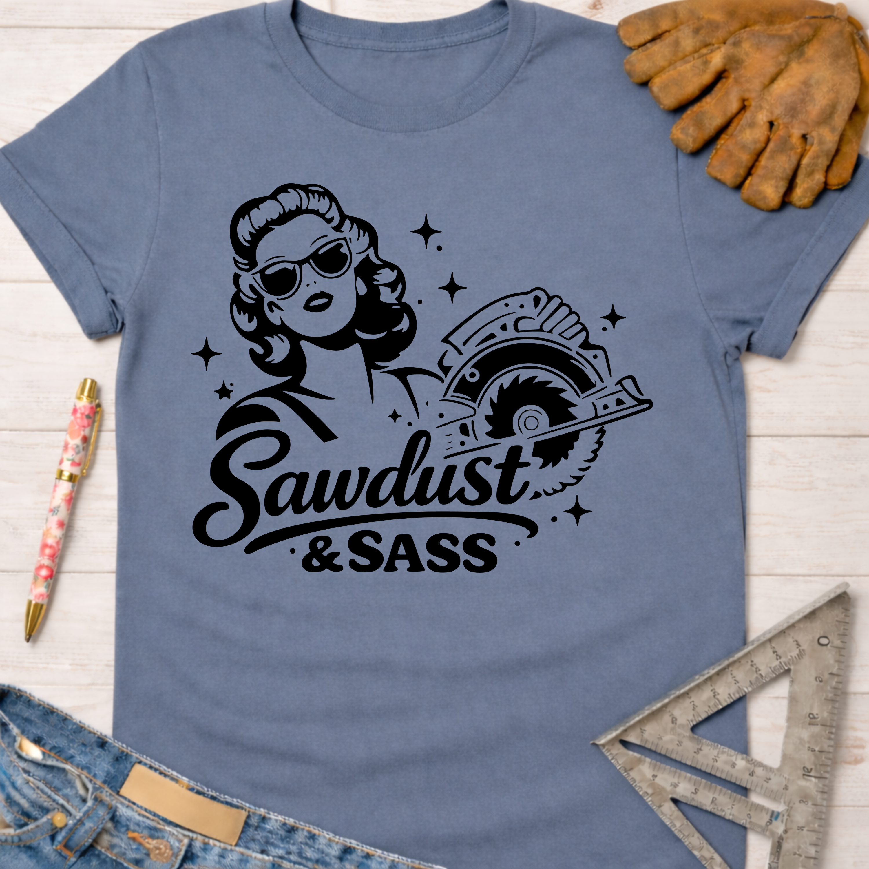 Women's funny woodworking graphic tee shirt for female woodworkers, makers, and DIY builders — Sawdust & Ponytails. Blue short-sleeve t-shirt with a black graphic of a sassy woman holding a circular saw and "Sawdust & Sass" text.