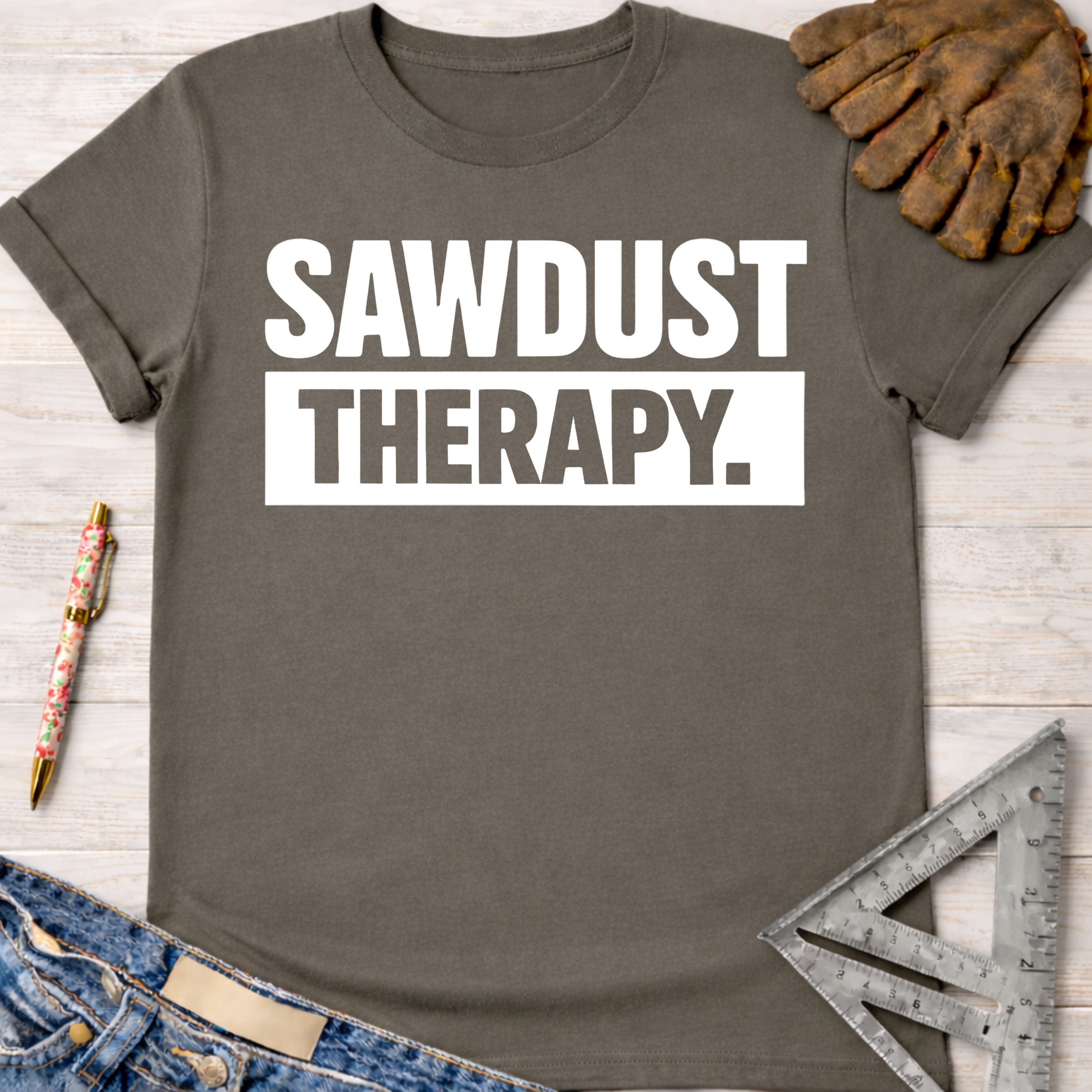 Charcoal gray women's "SAWDUST THERAPY." graphic tee, flat lay with work glove, jeans, pen, and speed square.