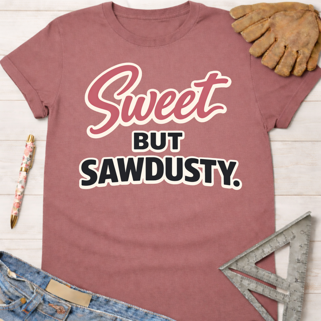 Women's funny woodworking graphic tee shirt for female woodworkers, makers, and DIY builders — Sawdust & Ponytails. Mauve t-shirt with "Sweet But Sawdusty" in pink and white script.