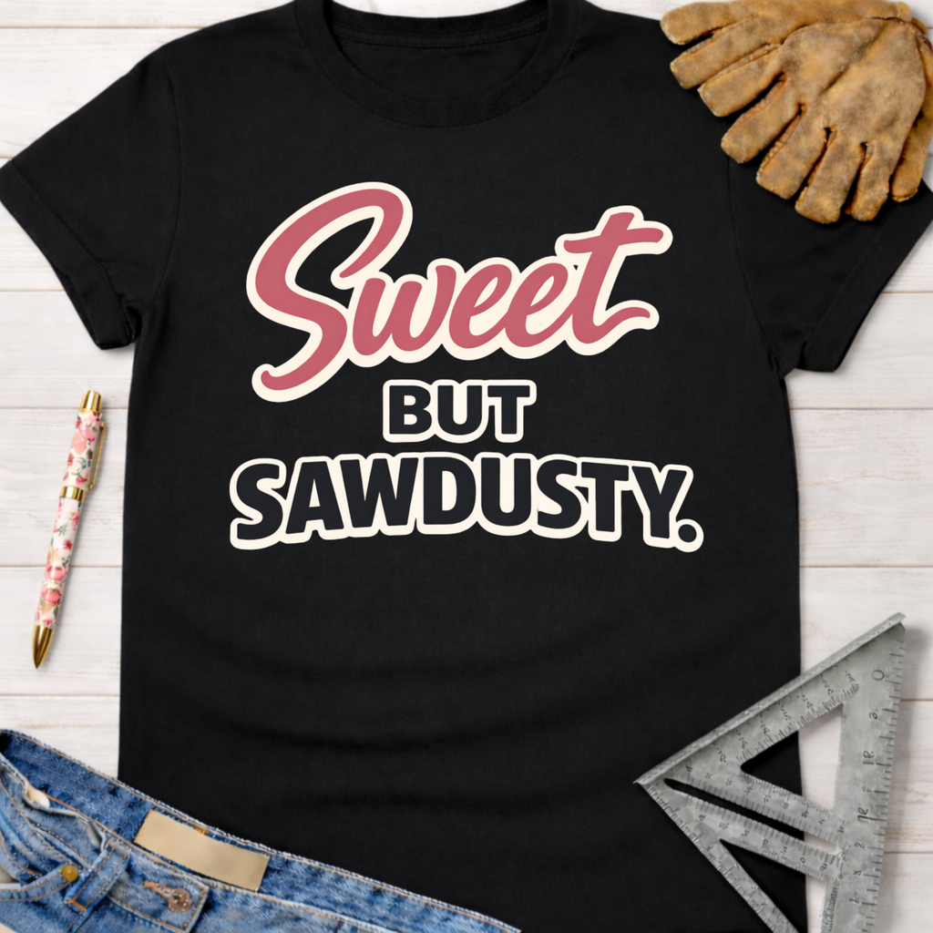 Black women's "Sweet But Sawdusty" graphic tee shirt for female woodworkers, makers, and DIY builders — Sawdust & Ponytails