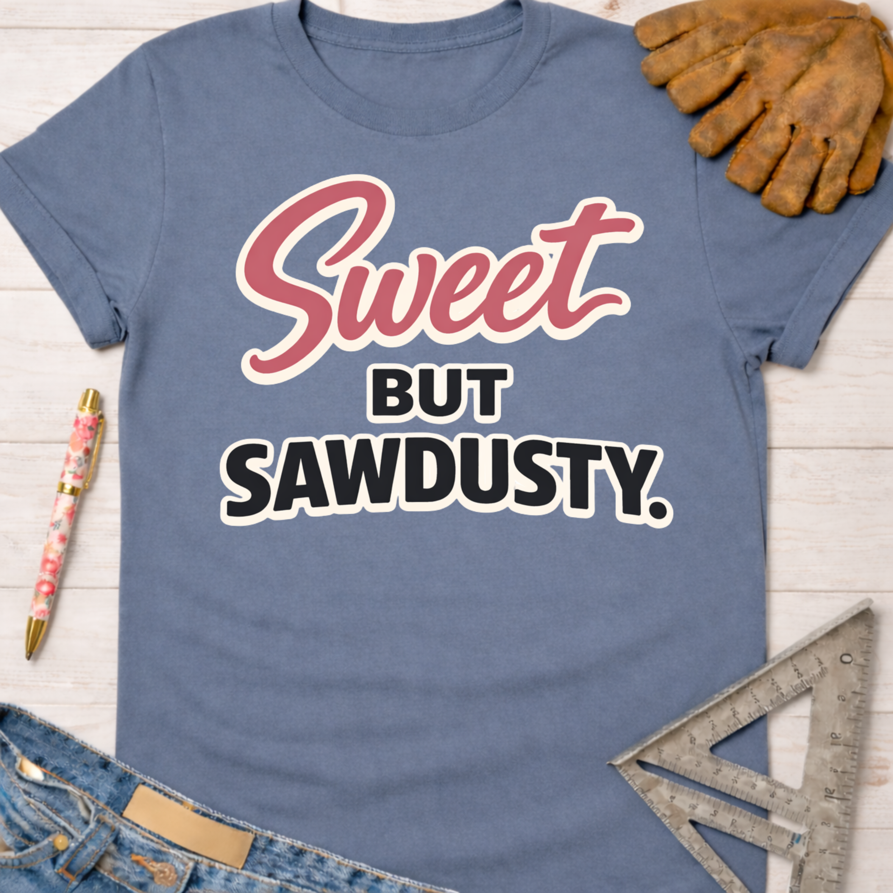 Women's funny woodworking graphic tee shirt for female woodworkers, makers, and DIY builders — Sawdust & Ponytails. Blue short-sleeve t-shirt with "Sweet BUT SAWDUSTY" text.