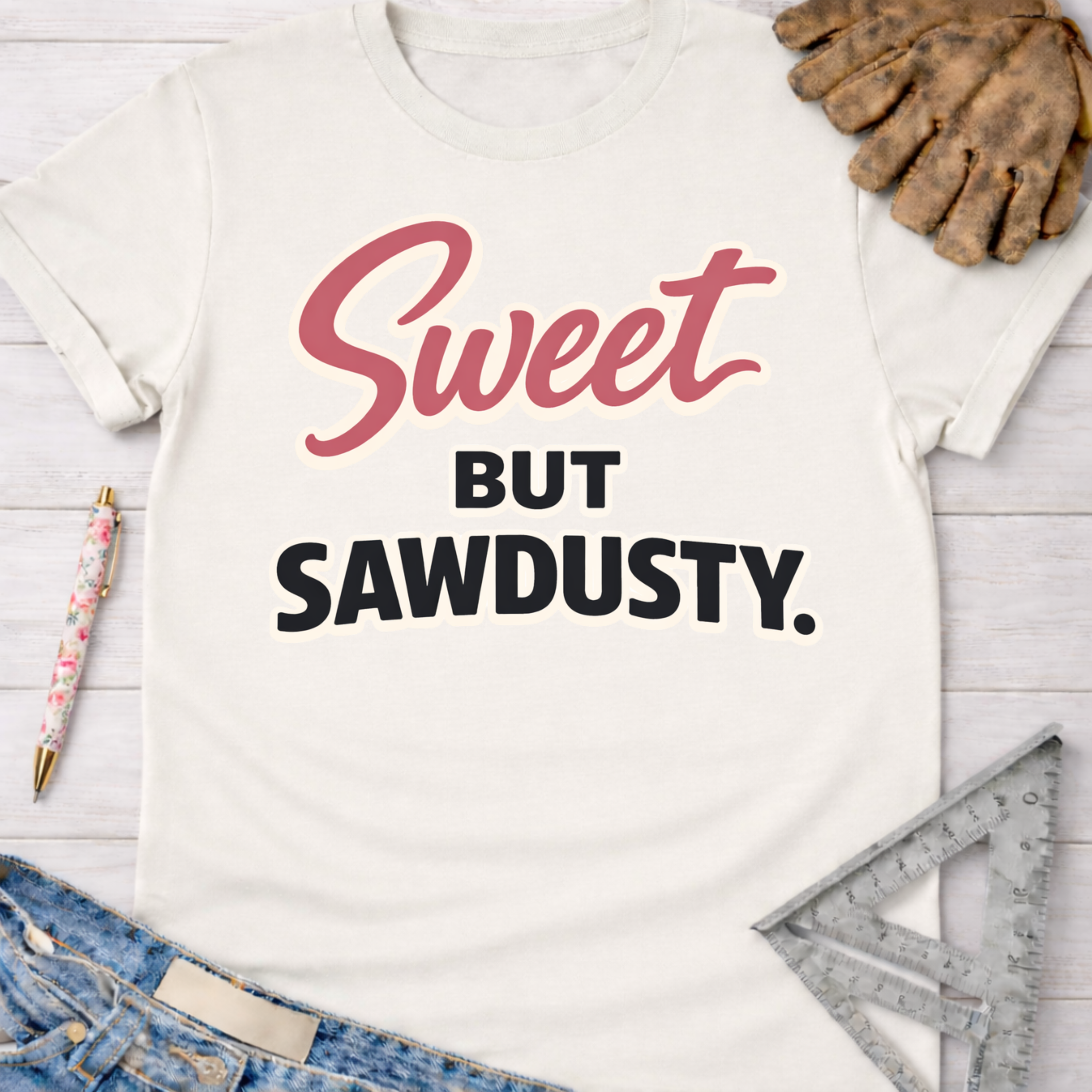 Women's funny woodworking graphic tee shirt for female woodworkers, makers, and DIY builders — Sawdust & Ponytails. Cream t-shirt with "Sweet BUT SAWDUSTY." in pink and black script.