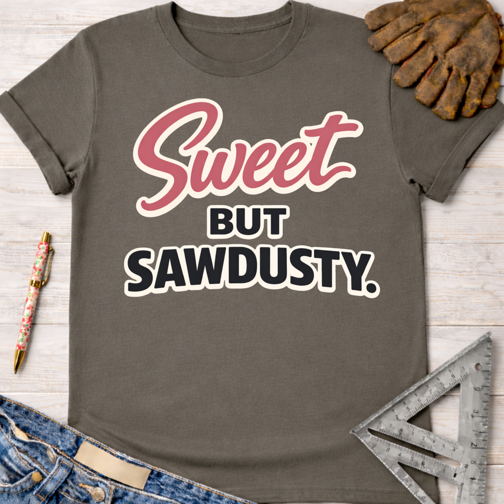 Women's funny woodworking graphic tee shirt for female woodworkers, makers, and DIY builders — Sawdust & Ponytails. Dark gray cotton t-shirt with "Sweet But Sawdusty" in pink and white script.