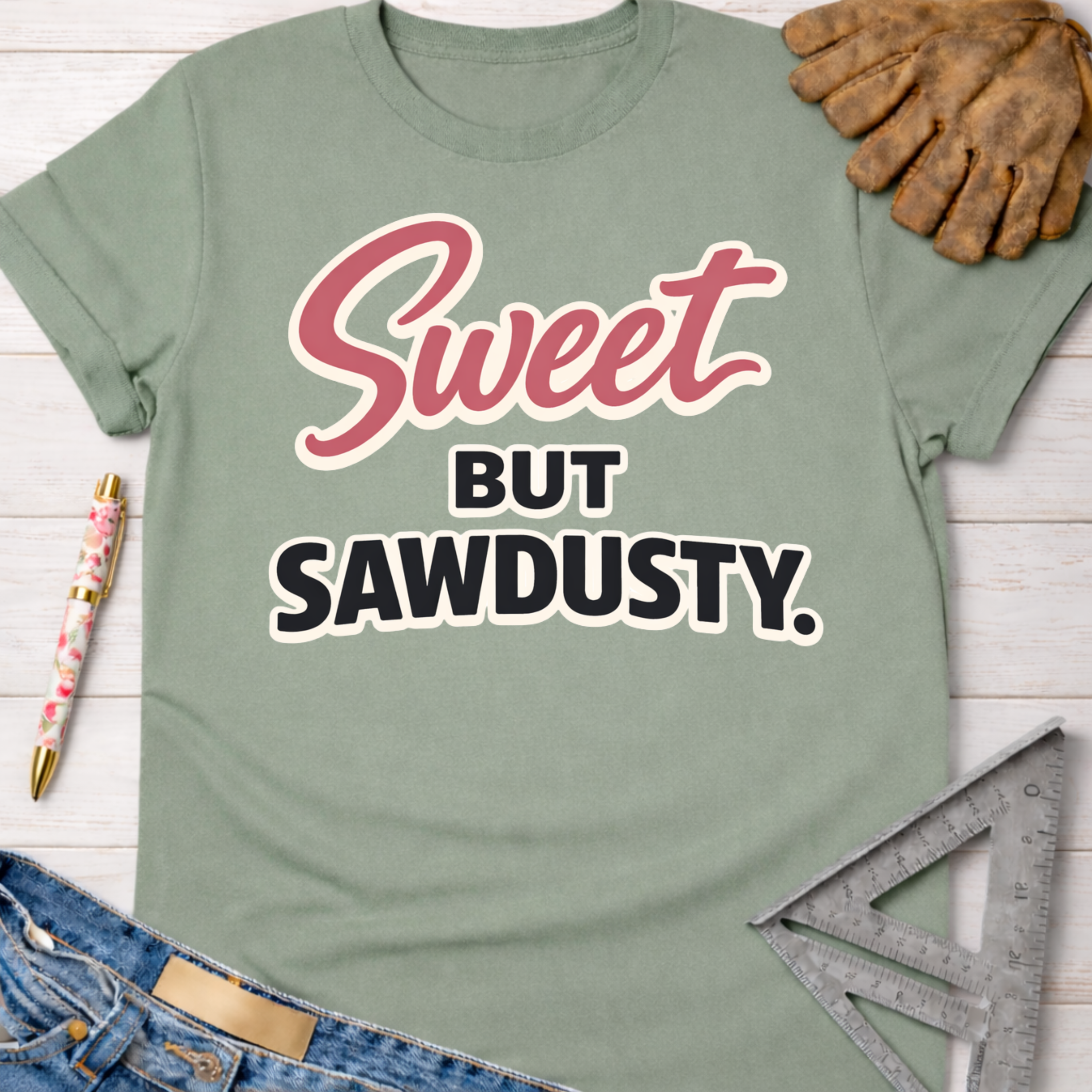 Women's funny woodworking graphic tee shirt for female woodworkers, makers, and DIY builders — Sawdust & Ponytails. Sage green t-shirt with "Sweet But Sawdusty" in pink and black text, styled with jeans, work gloves, and a speed square.