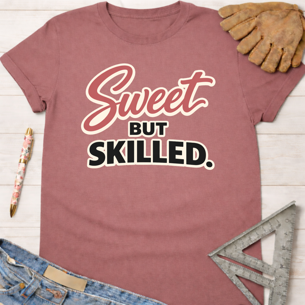 Women's funny woodworking graphic tee shirt for female woodworkers, makers, and DIY builders — Sawdust & Ponytails. Mauve cotton tee with "Sweet But Skilled" graphic.