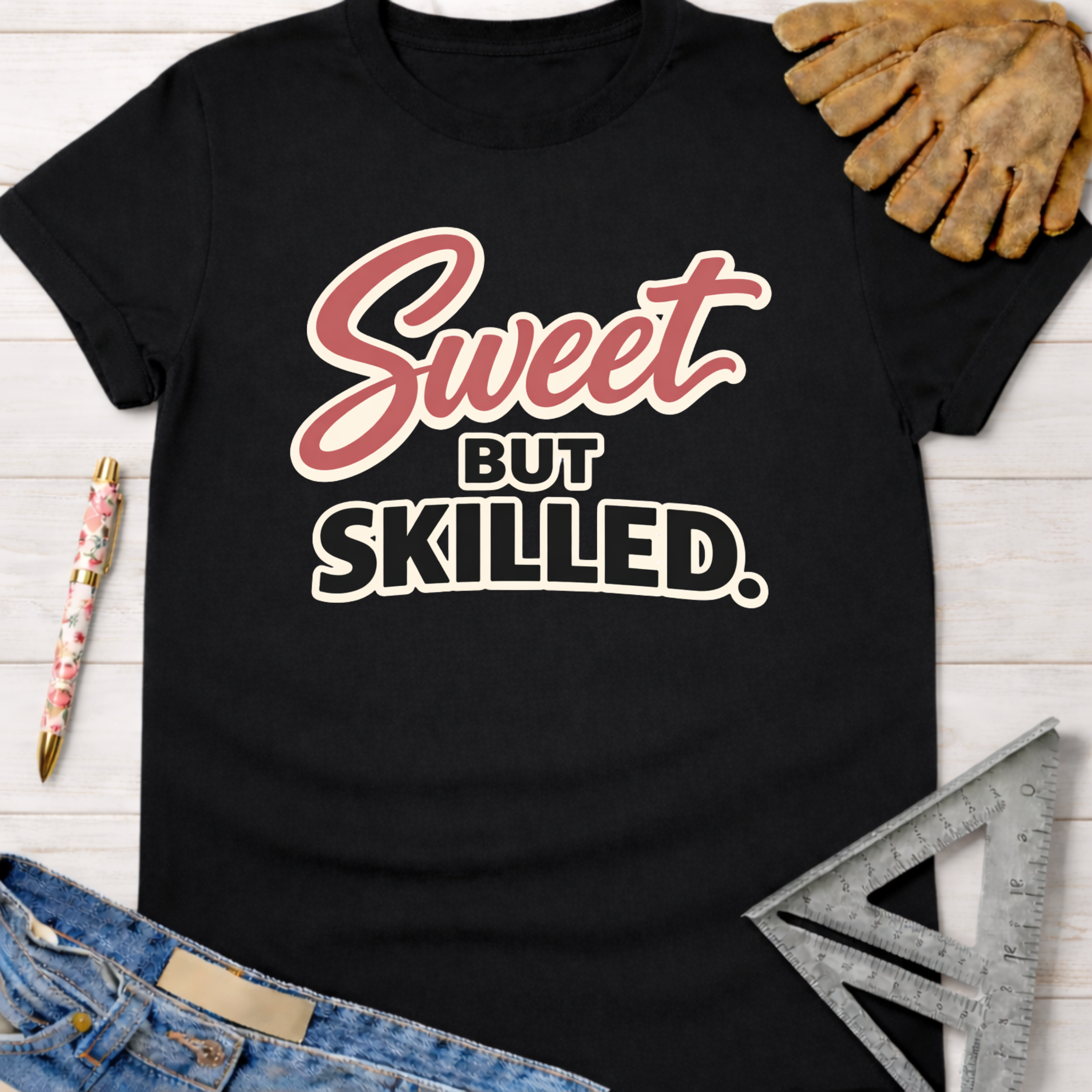 Black "Sweet But Skilled" graphic tee for women, with a work glove and ruler. Sawdust & Ponytails.