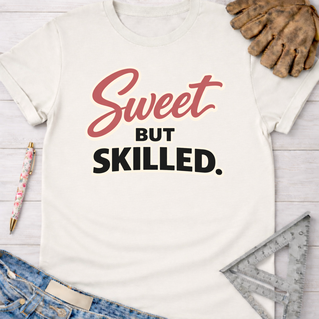 Women's funny woodworking graphic tee shirt for female woodworkers, makers, and DIY builders — Sawdust & Ponytails. Cream t-shirt with "Sweet But Skilled" in red and black text, next to work gloves, a pen, jeans, and a ruler.