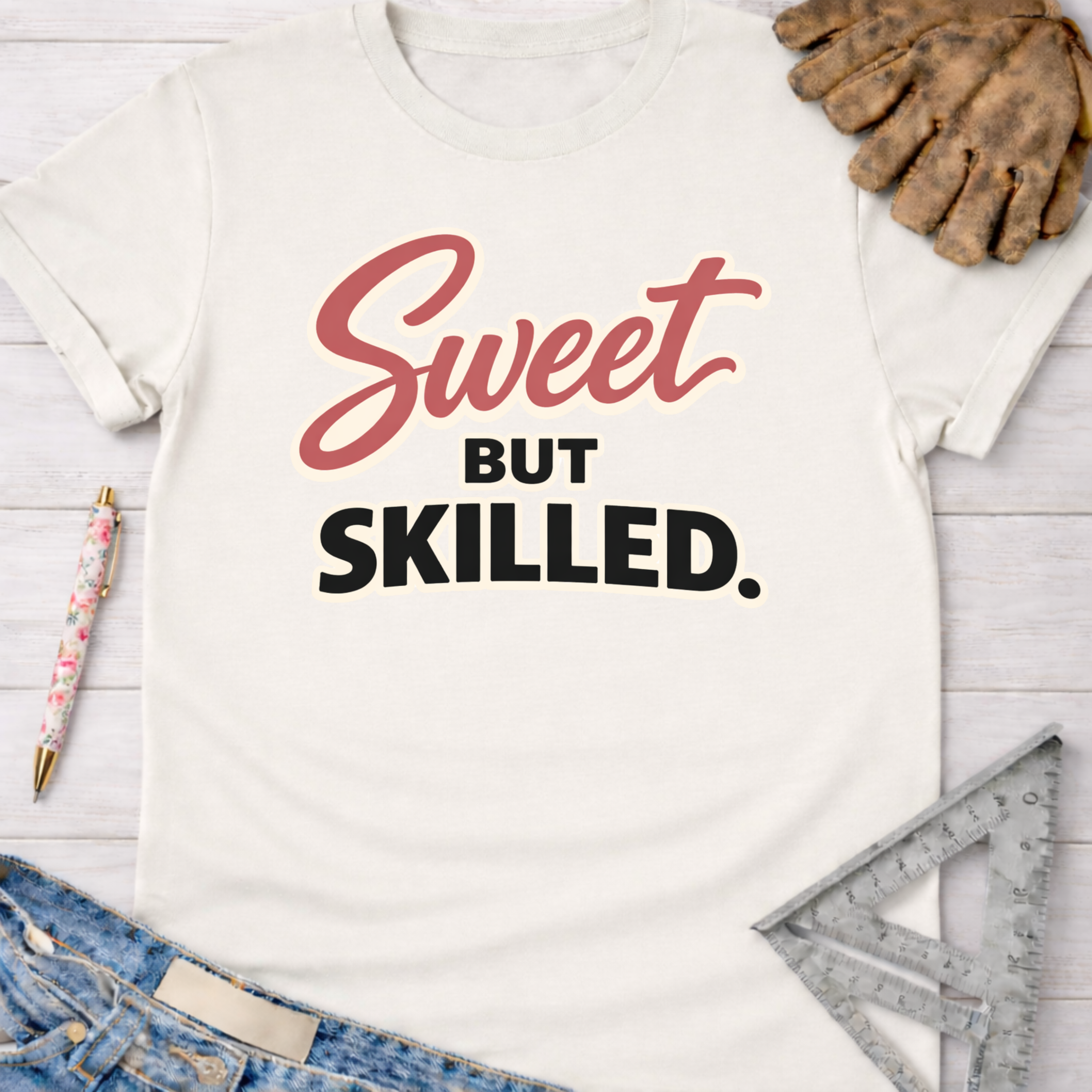 Women's funny woodworking graphic tee shirt for female woodworkers, makers, and DIY builders — Sawdust & Ponytails. Cream t-shirt with "Sweet But Skilled" in red and black text, next to work gloves, a pen, jeans, and a ruler.