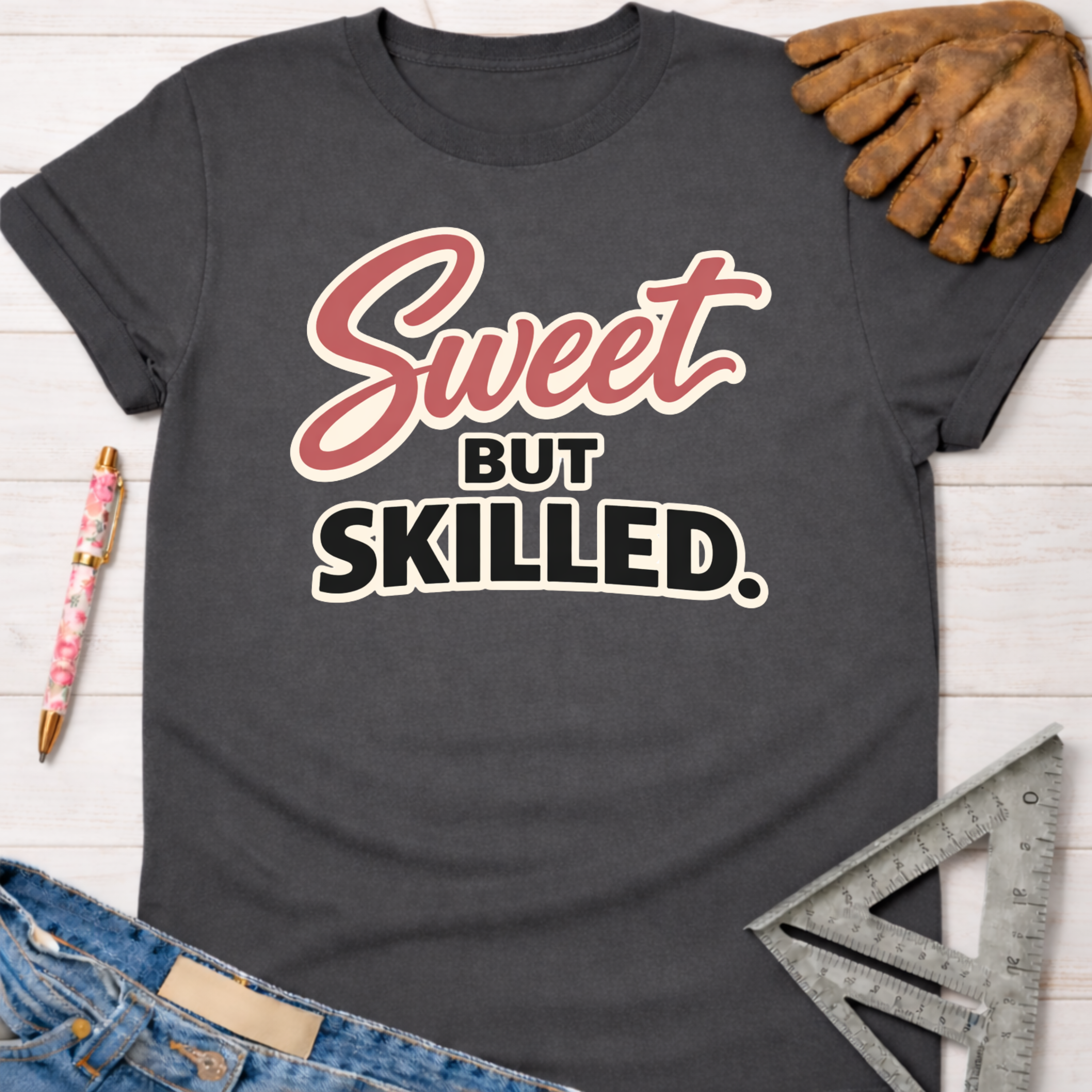 Women's funny woodworking graphic tee shirt for female woodworkers, makers, and DIY builders — Sawdust & Ponytails. Dark gray cotton t-shirt with "Sweet But Skilled" in red and black text.