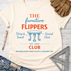 Women's funny woodworking graphic tee shirt for female woodworkers, makers, and DIY builders — Sawdust & Ponytails. Cream t-shirt with "The Furniture Flippers Social Club" logo.