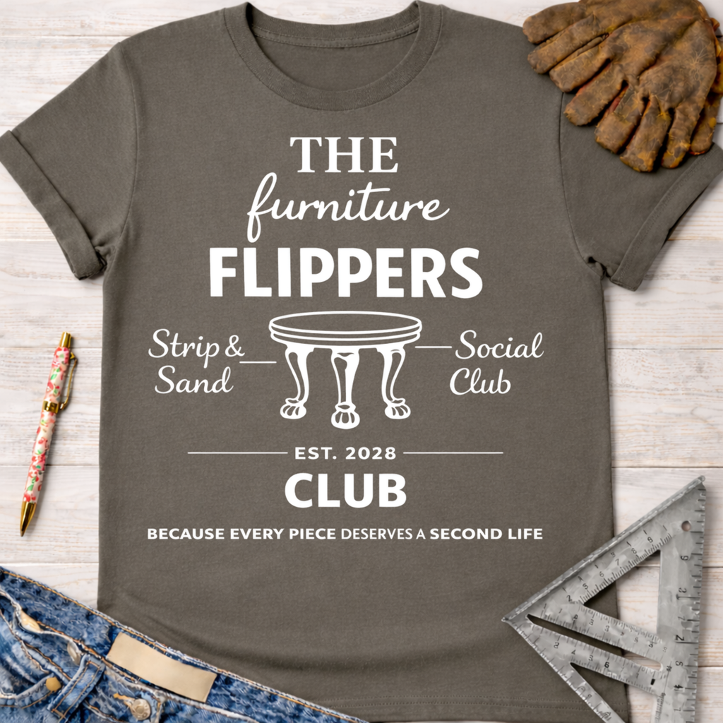 Women's funny woodworking graphic tee shirt for female woodworkers, makers, and DIY builders — Sawdust & Ponytails. Dark gray cotton tee with "The Furniture Flippers Social Club" graphic.