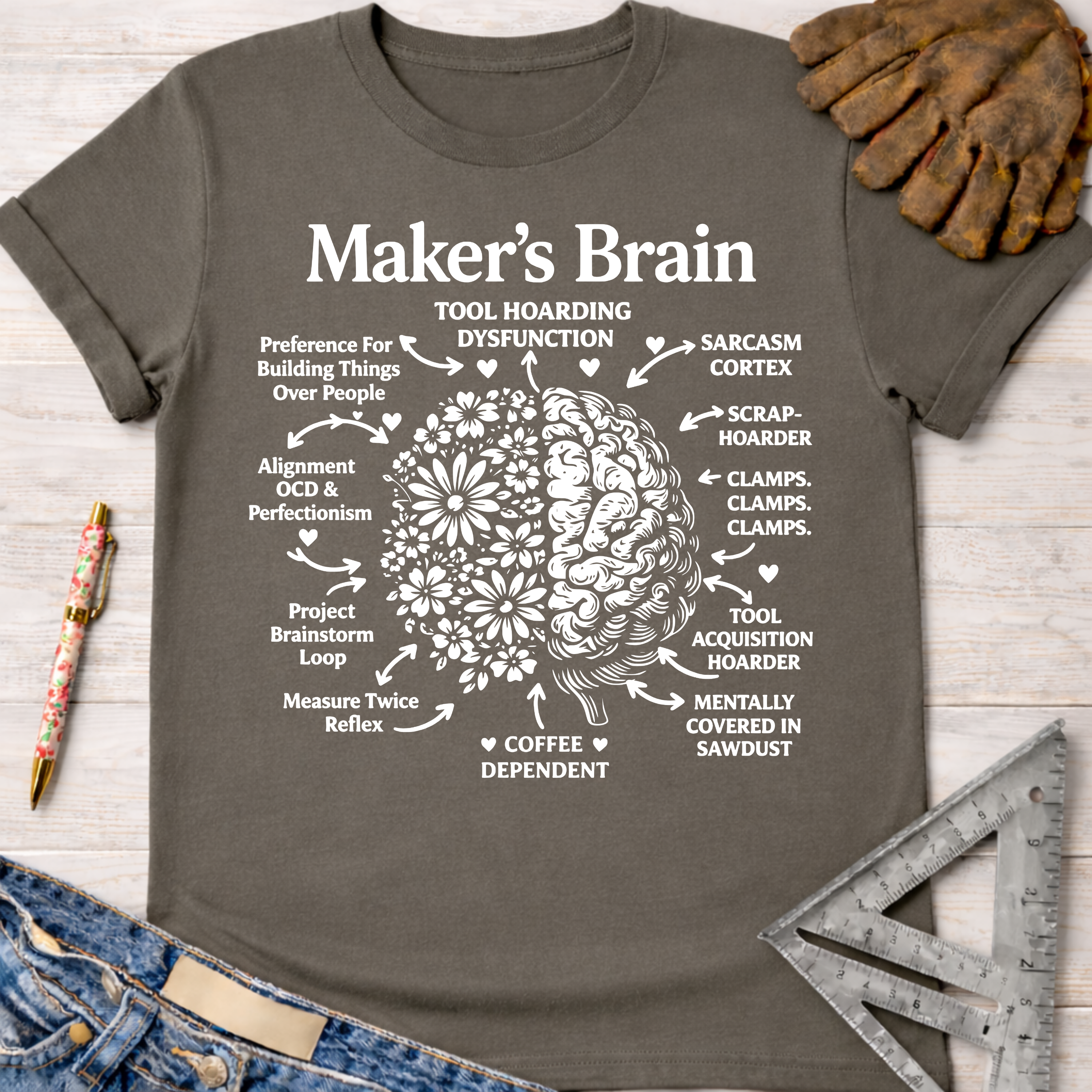 Women's funny woodworking graphic tee shirt for female woodworkers, makers, and DIY builders — Sawdust & Ponytails. Dark gray t-shirt with a white "Maker's Brain" diagram.